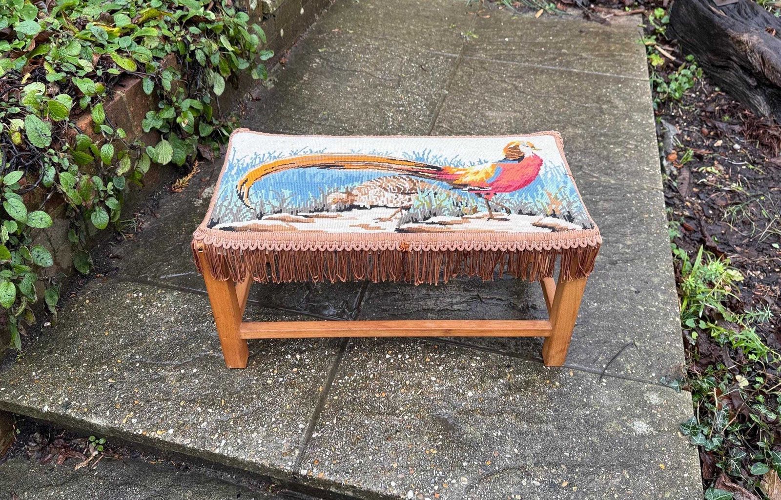 Retro Wooden Footstool With Woven String Seat Covered In A Handwoven Tapestry Top And Decorative Fringe   Pheasant Pattern (54cm W X 30cm H)