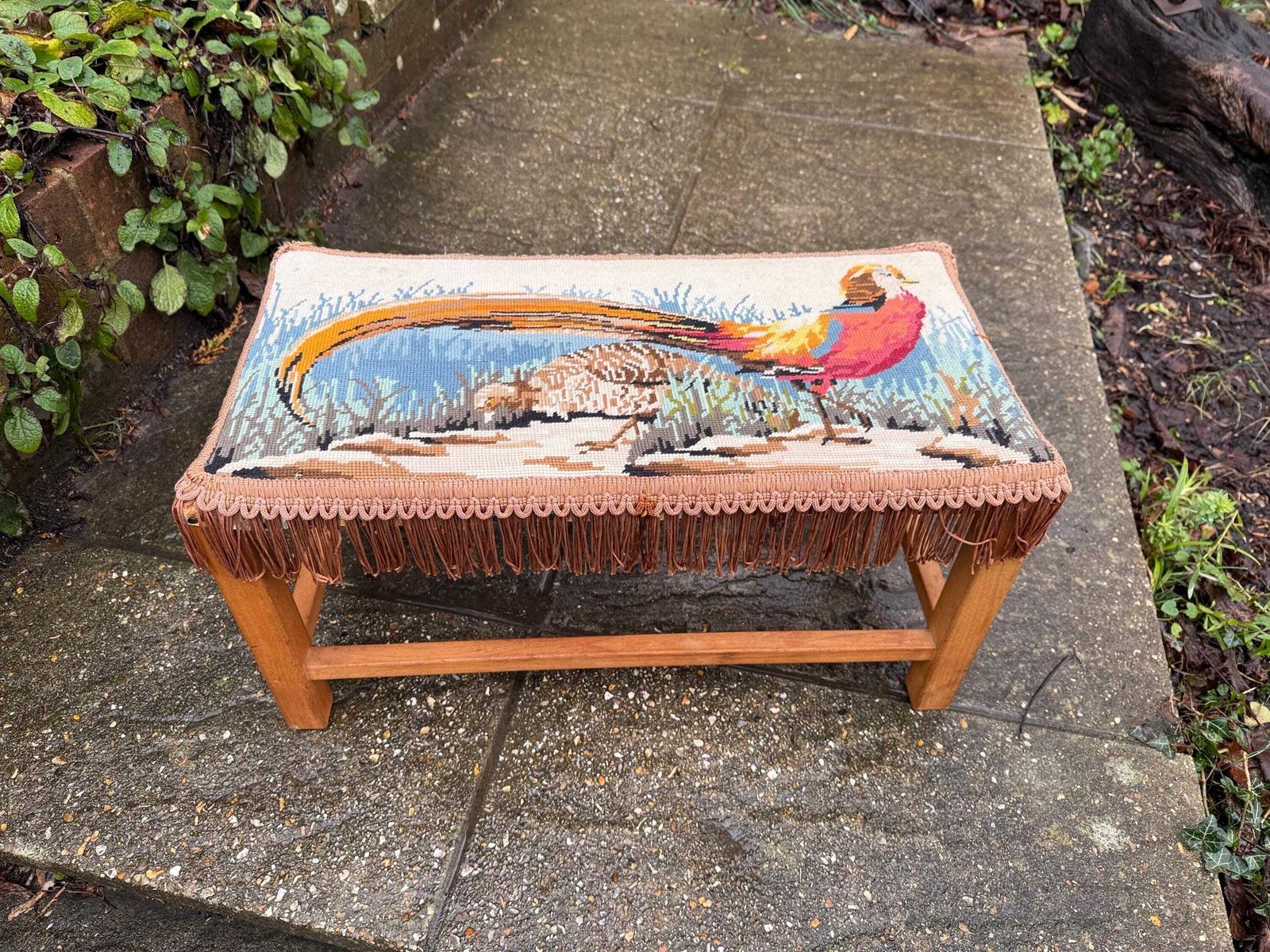 Retro Wooden Footstool With Woven String Seat Covered In A Handwoven Tapestry Top And Decorative Fringe   Pheasant Pattern (54cm W X 30cm H) photo furniture