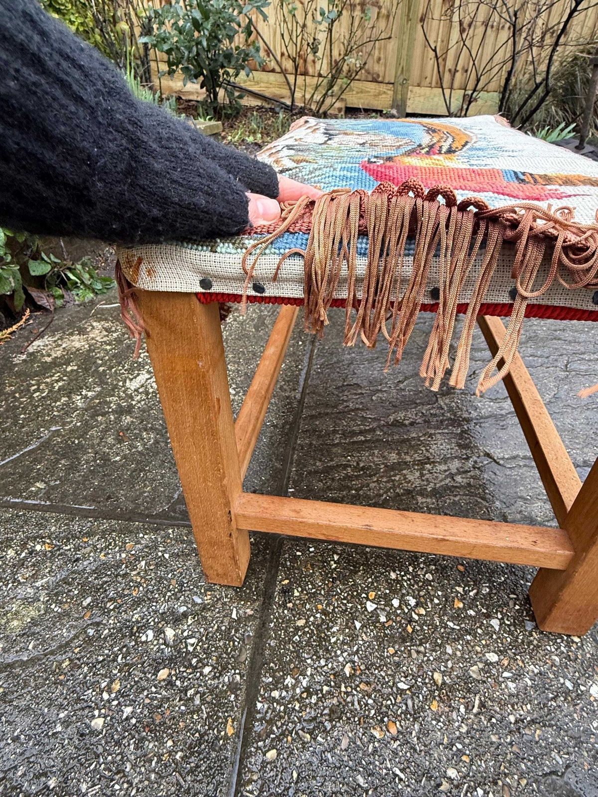 Retro Wooden Footstool With Woven String Seat Covered In A Handwoven Tapestry Top And Decorative Fringe   Pheasant Pattern (54cm W X 30cm H) photo Furniture