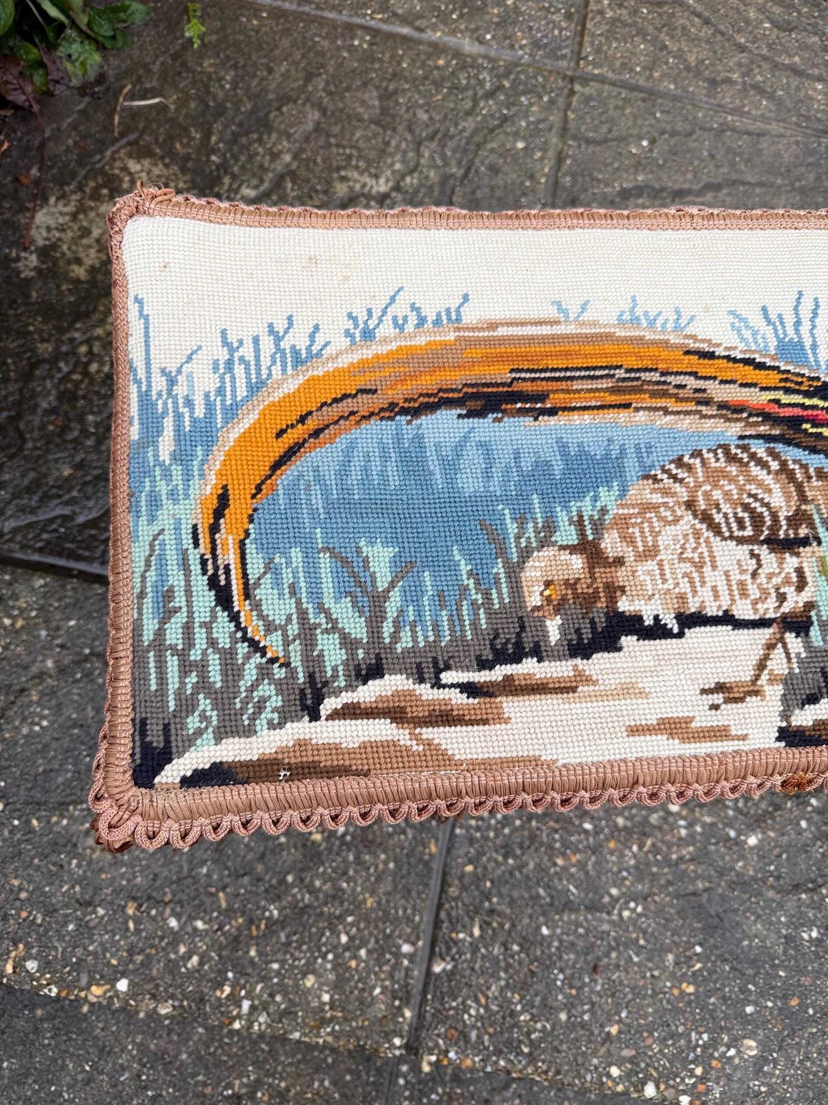 Retro Wooden Footstool With Woven String Seat Covered In A Handwoven Tapestry Top And Decorative Fringe   Pheasant Pattern (54cm W X 30cm H) photo vinterior