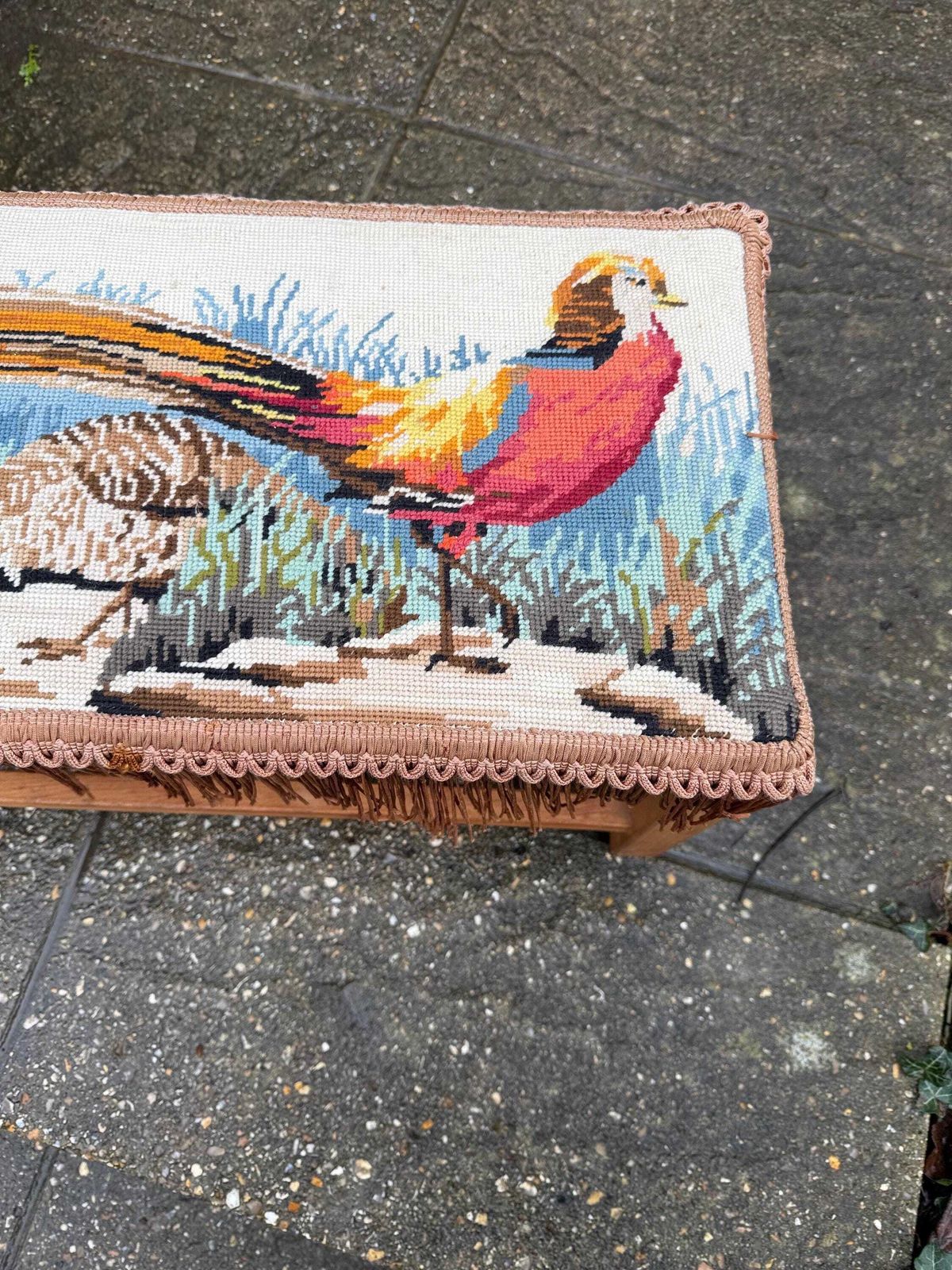 Retro Wooden Footstool With Woven String Seat Covered In A Handwoven Tapestry Top And Decorative Fringe   Pheasant Pattern (54cm W X 30cm H) photo buy
