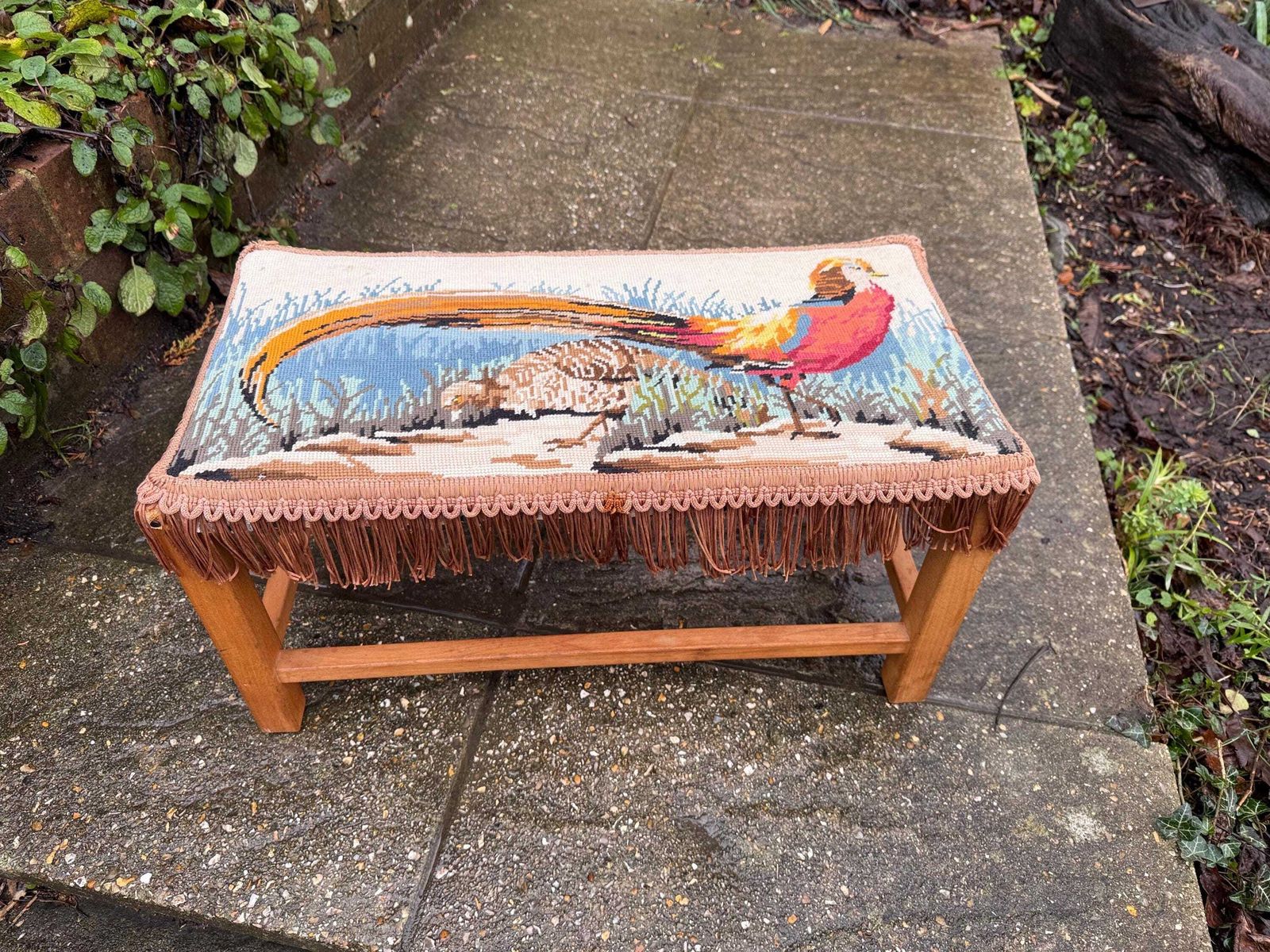 120.0 Retro Wooden Footstool With Woven String Seat Covered In A Handwoven Tapestry Top And Decorative Fringe   Pheasant Pattern (54cm W X 30cm H) photo
