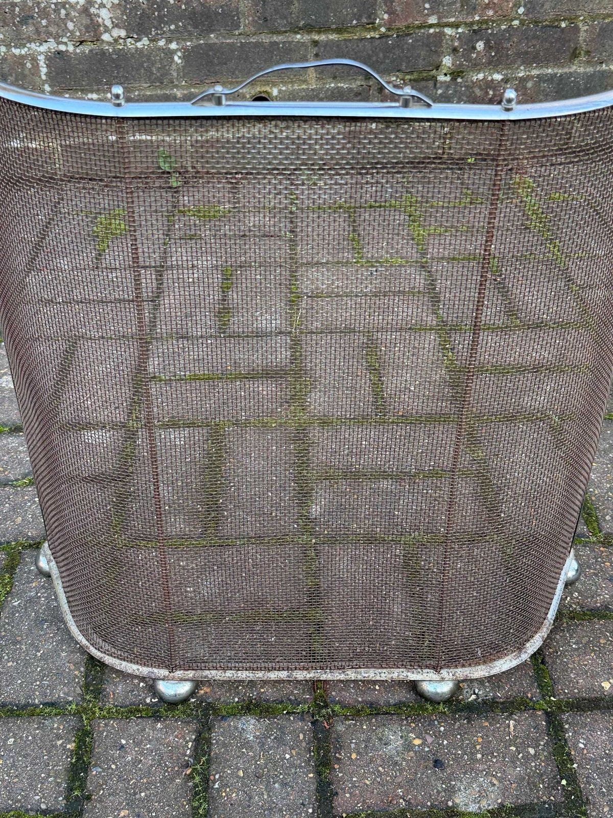 Art Deco Metal Fire Screen With Curved Chrome Frame And Mesh Spark Guard photo Home Fixtures