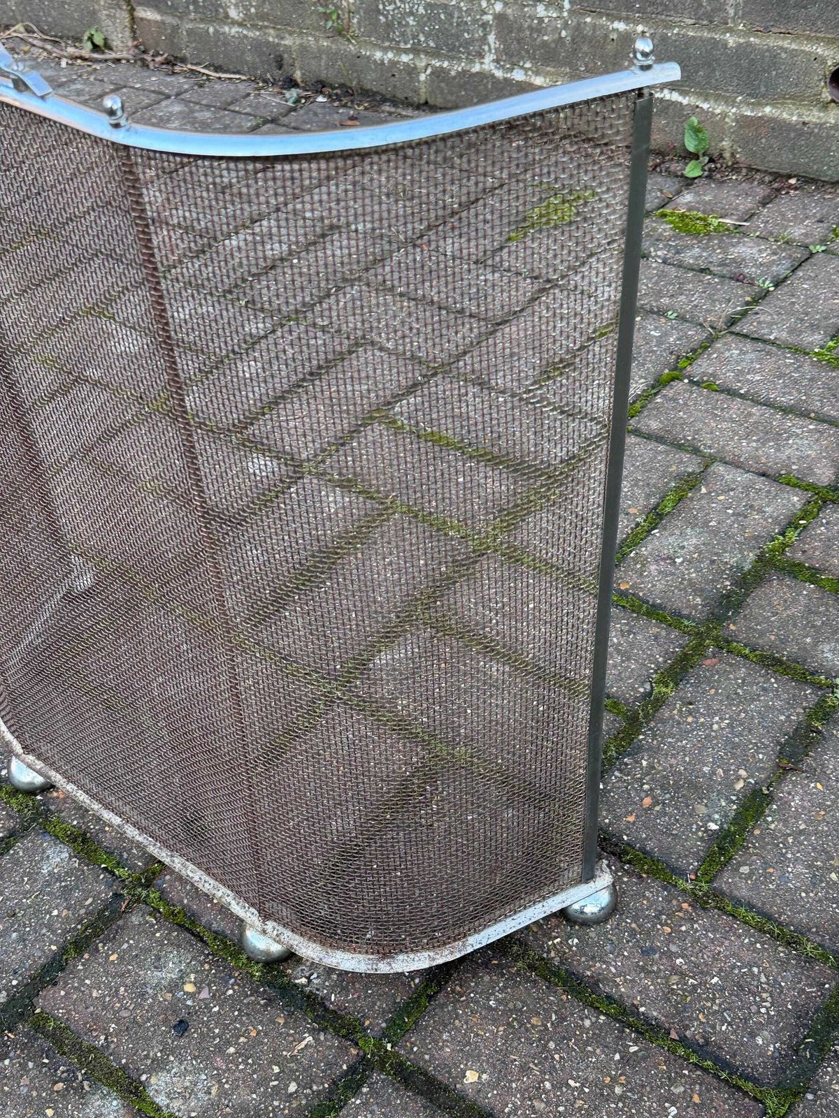 Art Deco Metal Fire Screen With Curved Chrome Frame And Mesh Spark Guard photo vintage