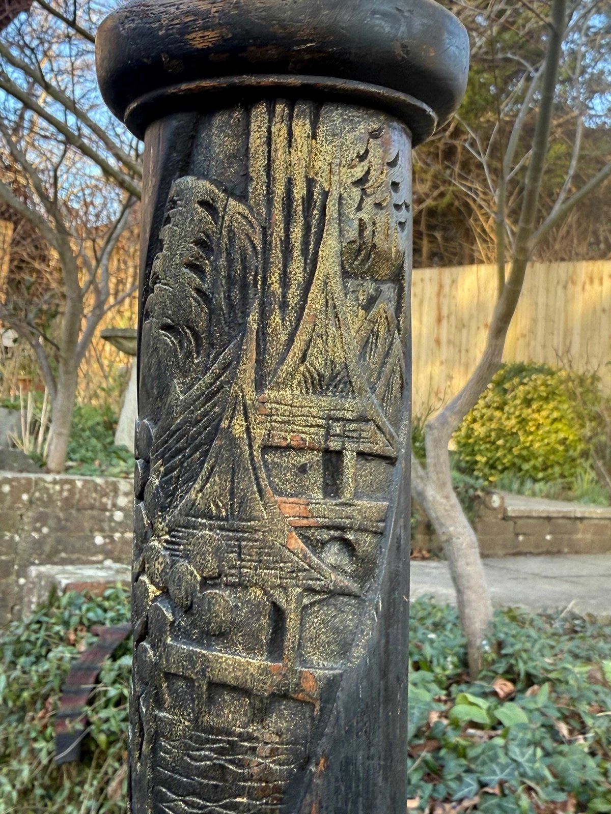 Oriental Hand Carved Hardwood Floor Lamp With Pagoda Motifs And Ebonised Finish, Oriental Standard Lamp Gold And Black photo furniture
