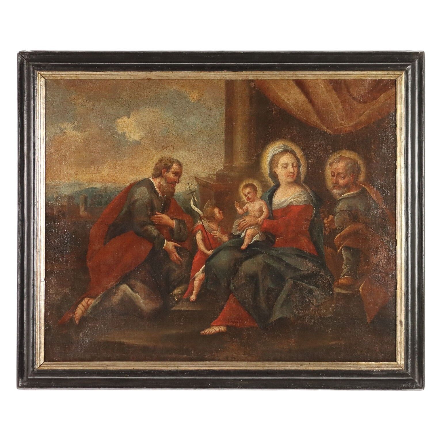 The Holy Family With Saints Antique Painting XVII XVIII Century