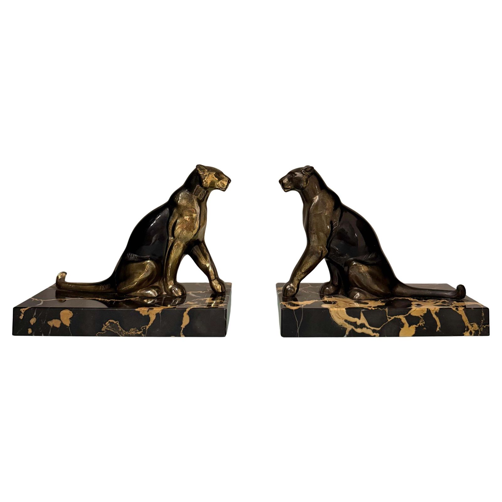 Pair Of French Art Deco Sculptural Bookends With Panthers , 1930s