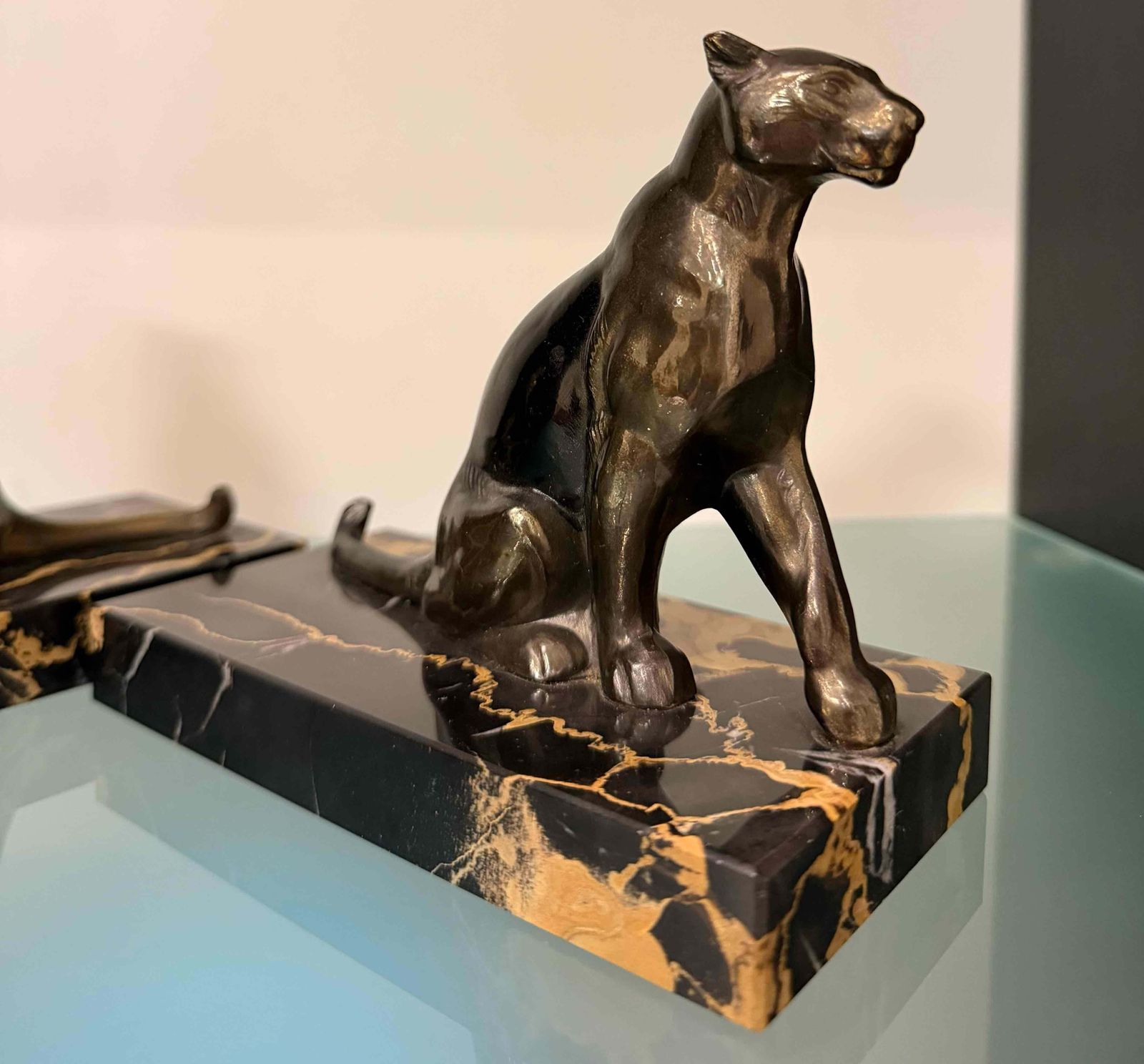 Pair Of French Art Deco Sculptural Bookends With Panthers , 1930s photo vintage