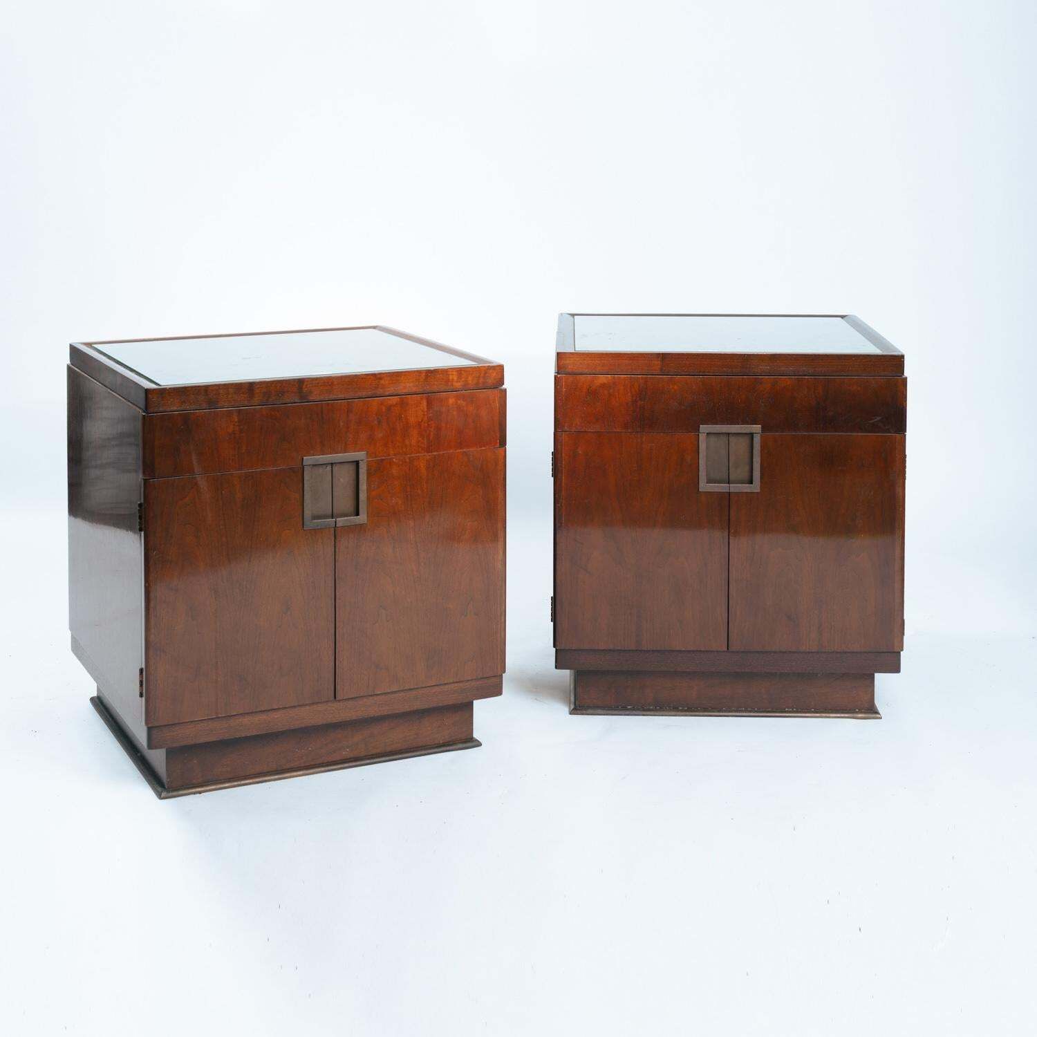 Art Deco Style Walnut Veneered Drawer Cabinets Or Nightstands By Baker Furniture photo for sale