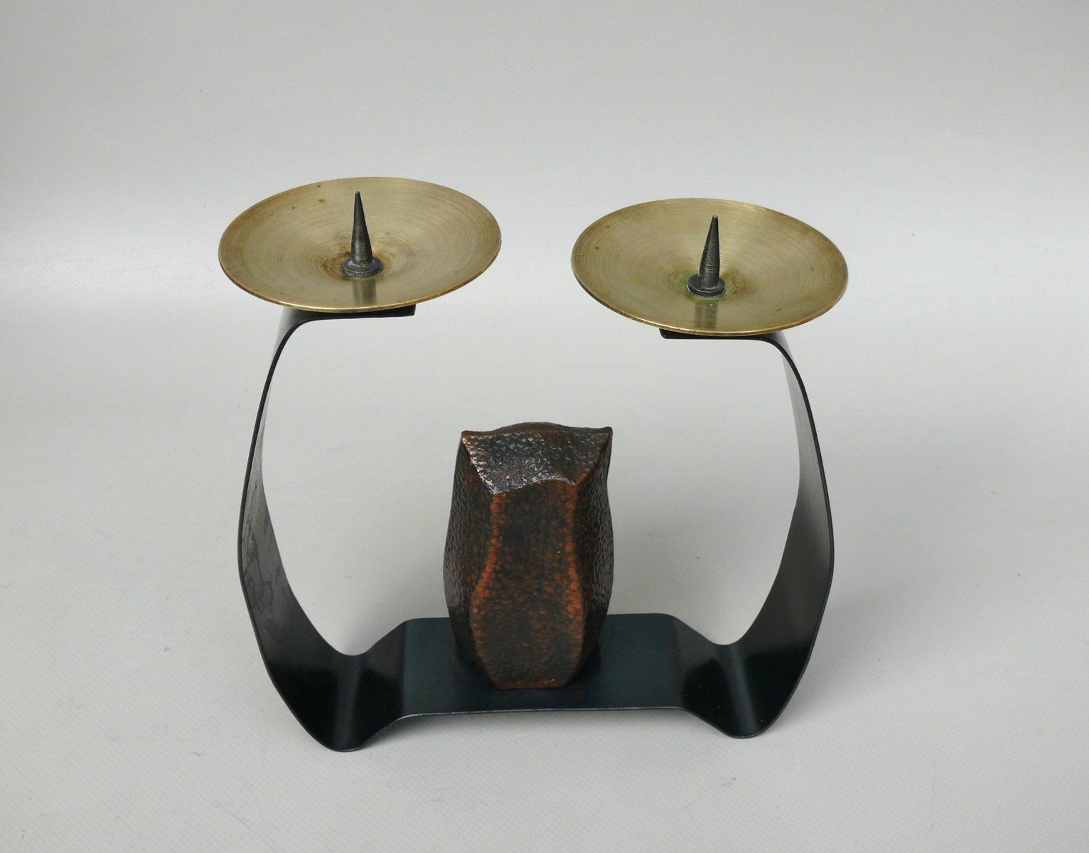 Arts And Crafts Wrought Iron, Brass & Copper Plated Owl Candleholder, 1890s photo vintage
