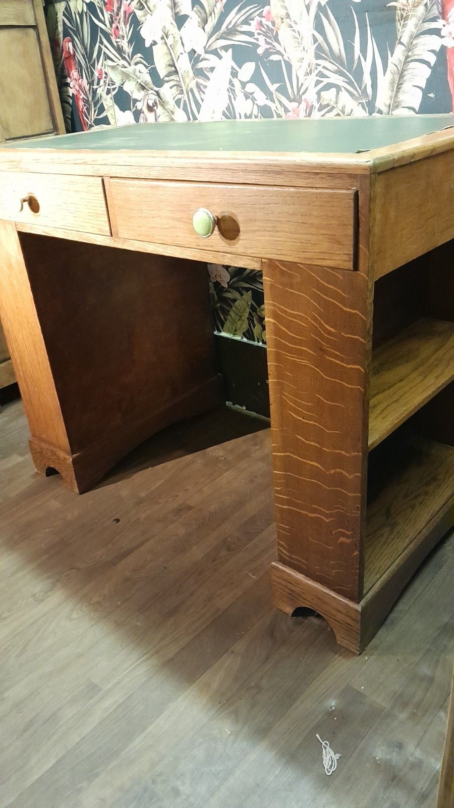 Art Deco Vintage Solid Light Oak Desk With Leather Top And Shelves