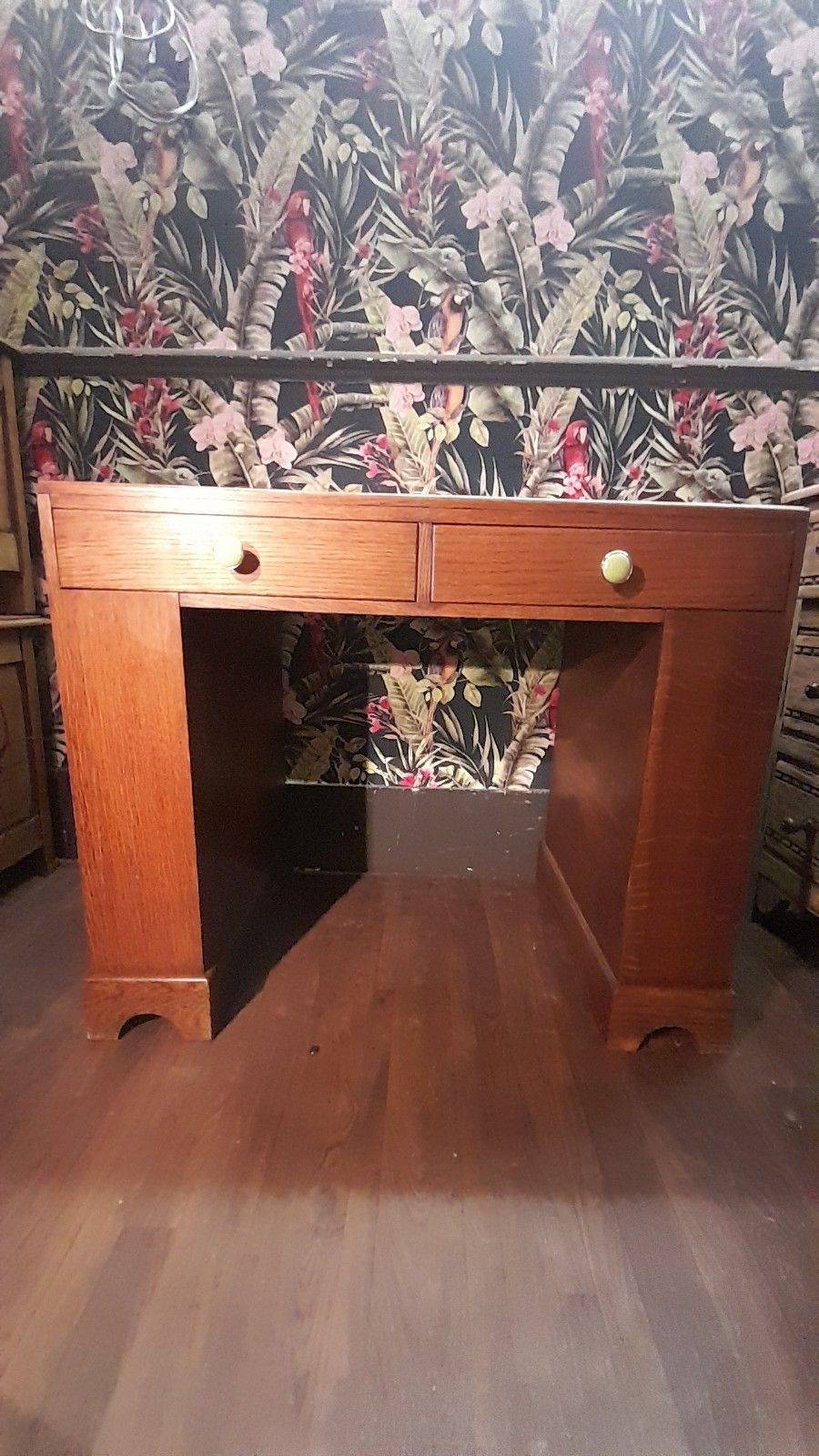 Art Deco Vintage Solid Light Oak Desk With Leather Top And Shelves photo for sale
