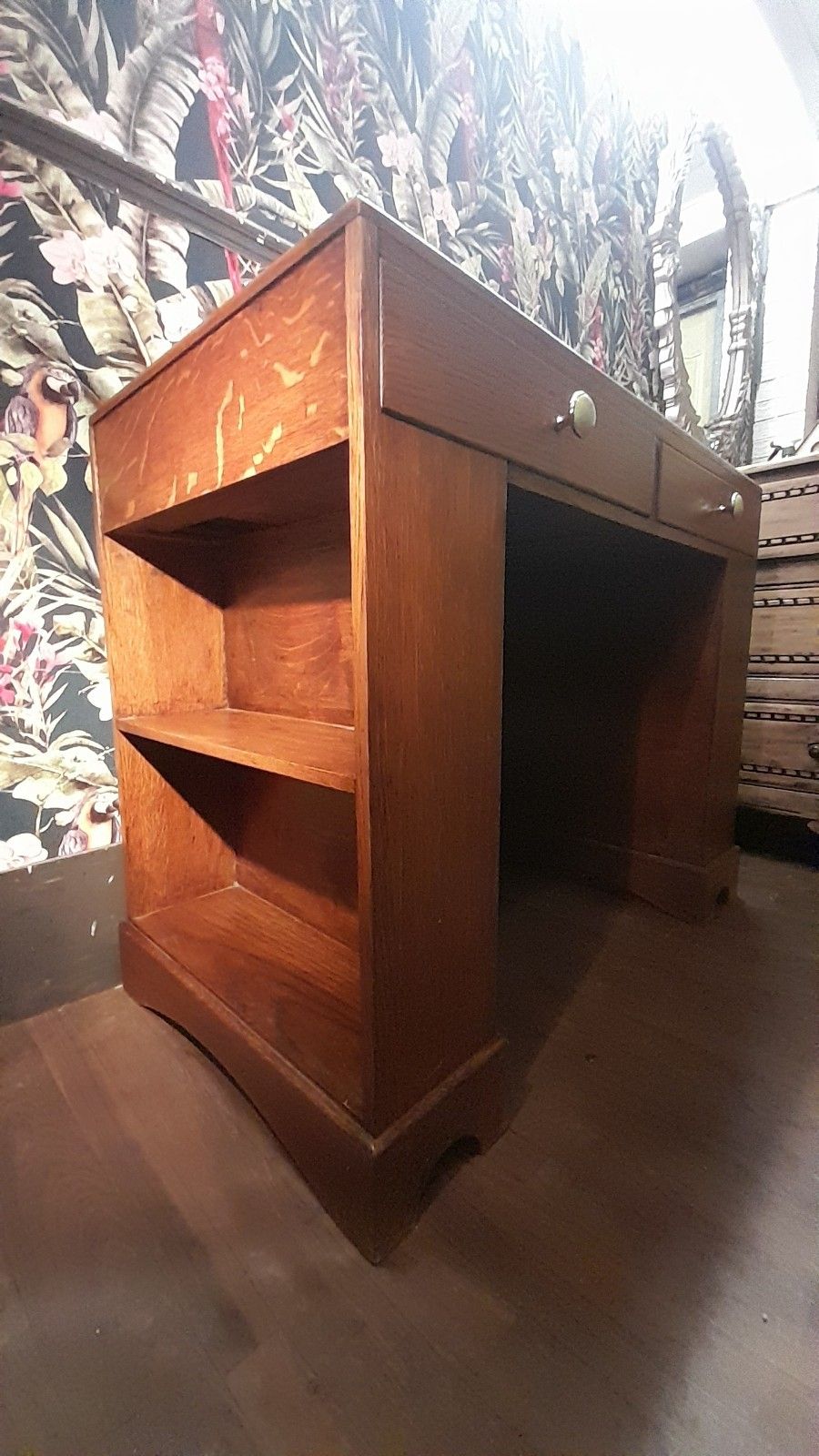 Art Deco Vintage Solid Light Oak Desk With Leather Top And Shelves photo 685.0