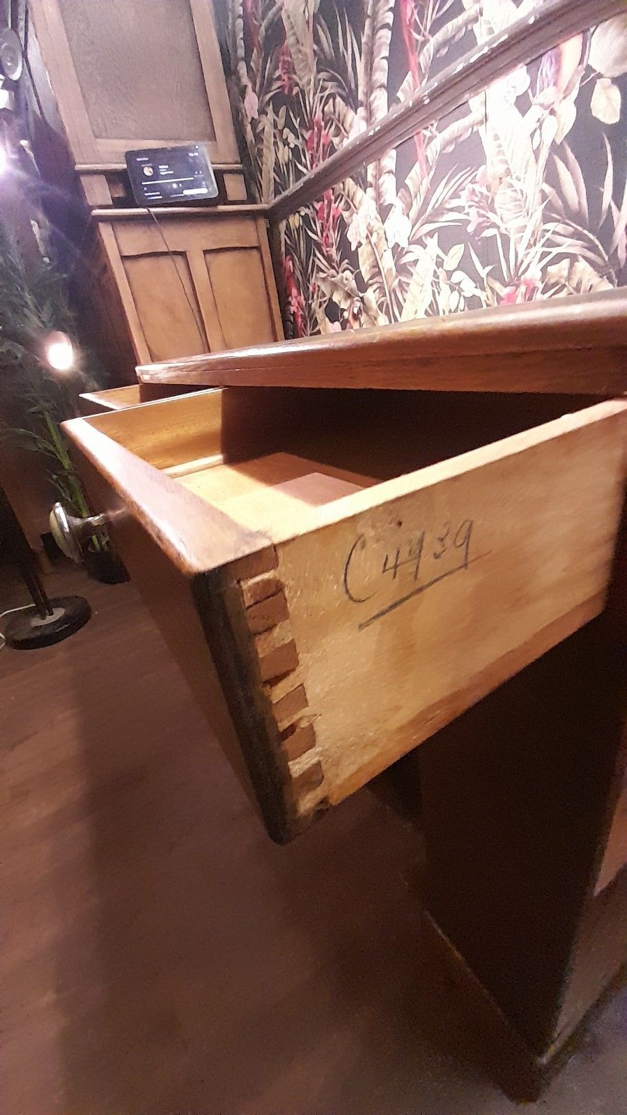 photo furniture Art Deco Vintage Solid Light Oak Desk With Leather Top And Shelves