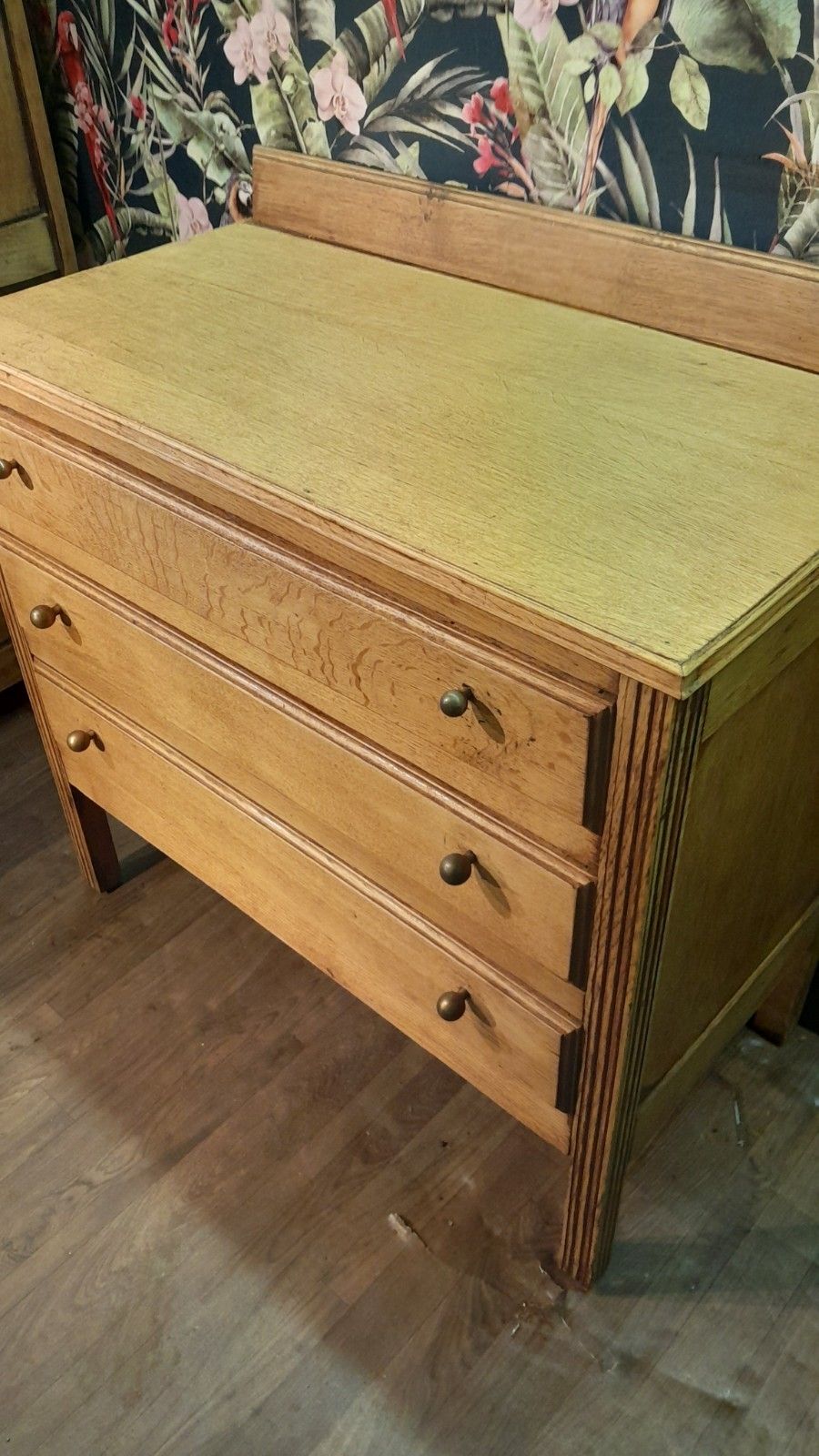 Vintage Solid Light Carved Oak Chest Of 3 Drawers Original Handles photo vinterior