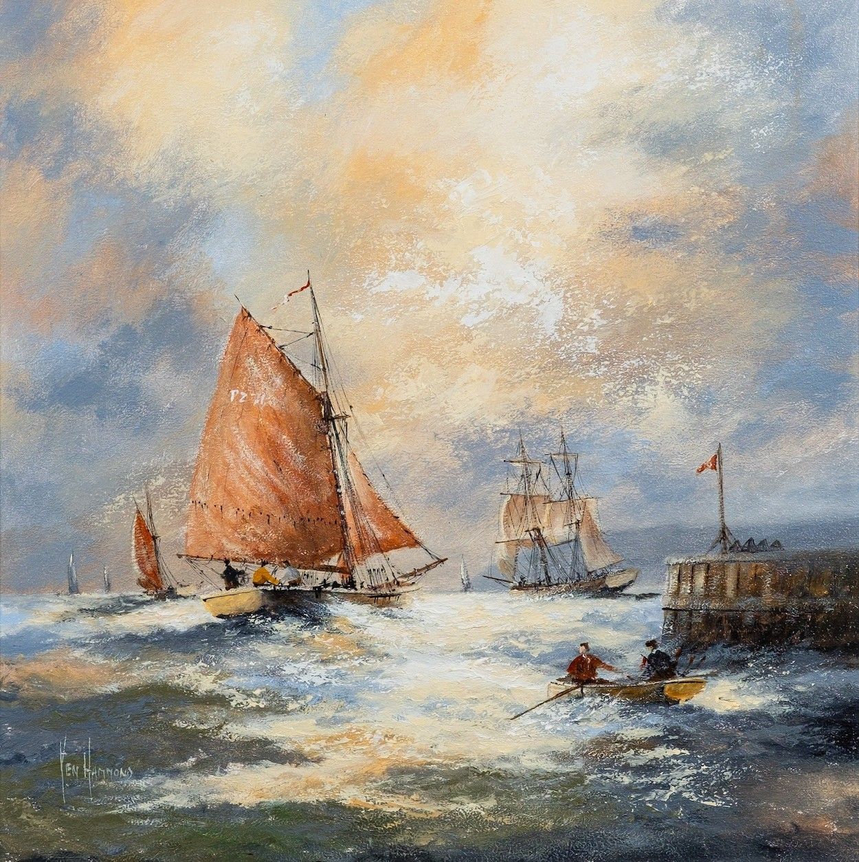 Sailing Off The Cornish Coast By Ken Hammond (B 1948) Seascape Oil Painting photo furniture