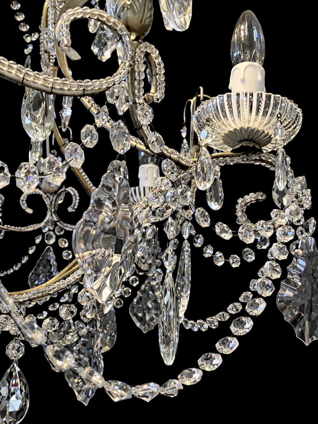 Vintage Crystal Chandelier With Beaded Arms And Cut Glass Drops, Circa 1920 photo vinterior