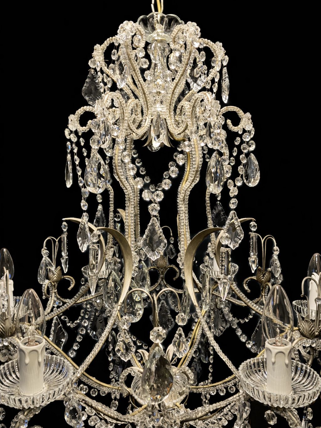 photo vinterior Vintage Crystal Chandelier With Beaded Arms And Cut Glass Drops, Circa 1920
