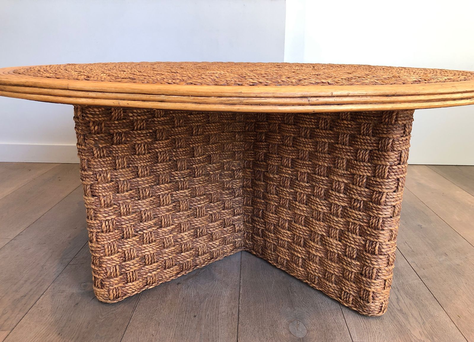 Pair Of Important Round Coffee Tables In Rope And Wood In The Taste Of Audoux Minet photo buy