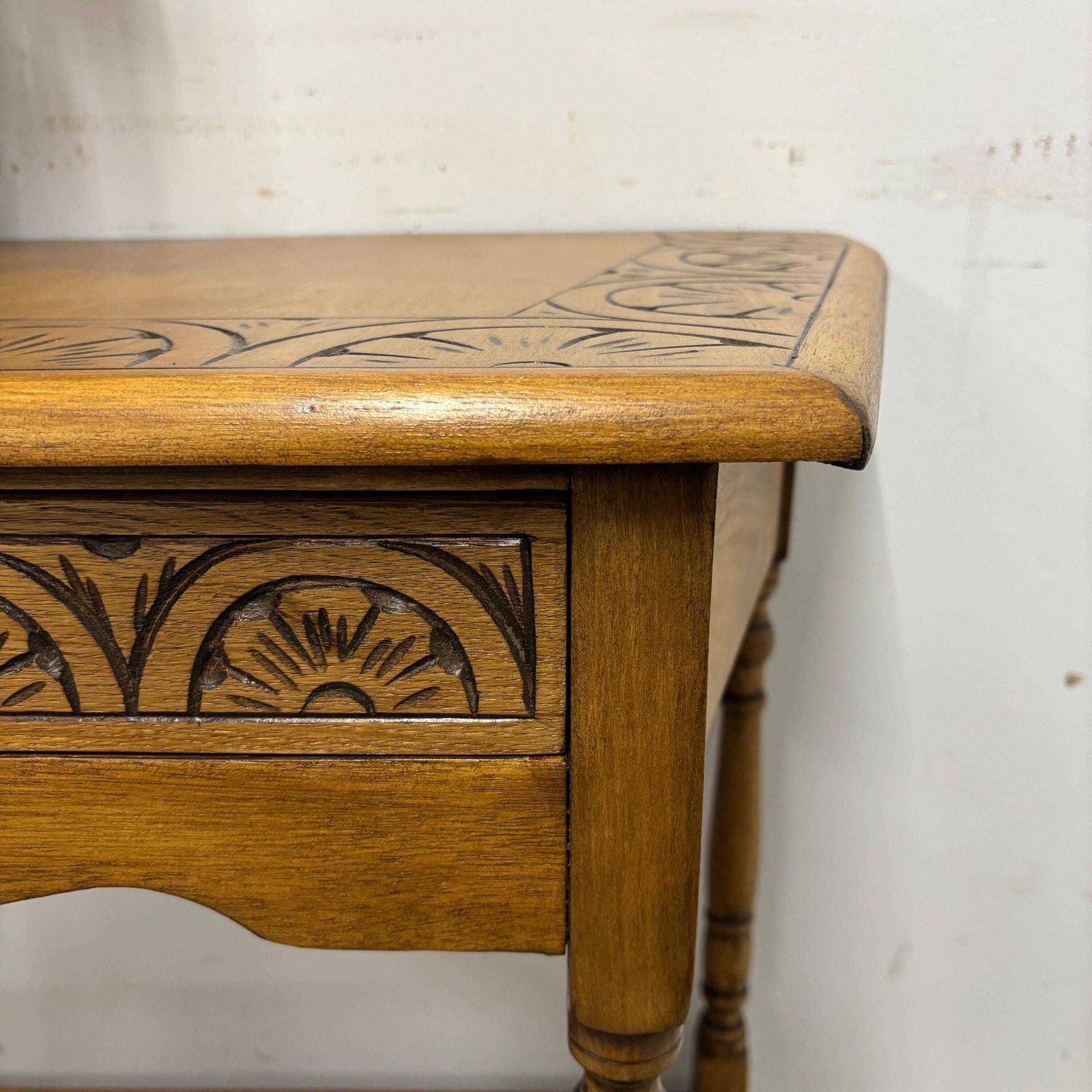Vintage Carved Wooden Side Table With Lower Shelf – Hall Console / Lamp Table photo for sale