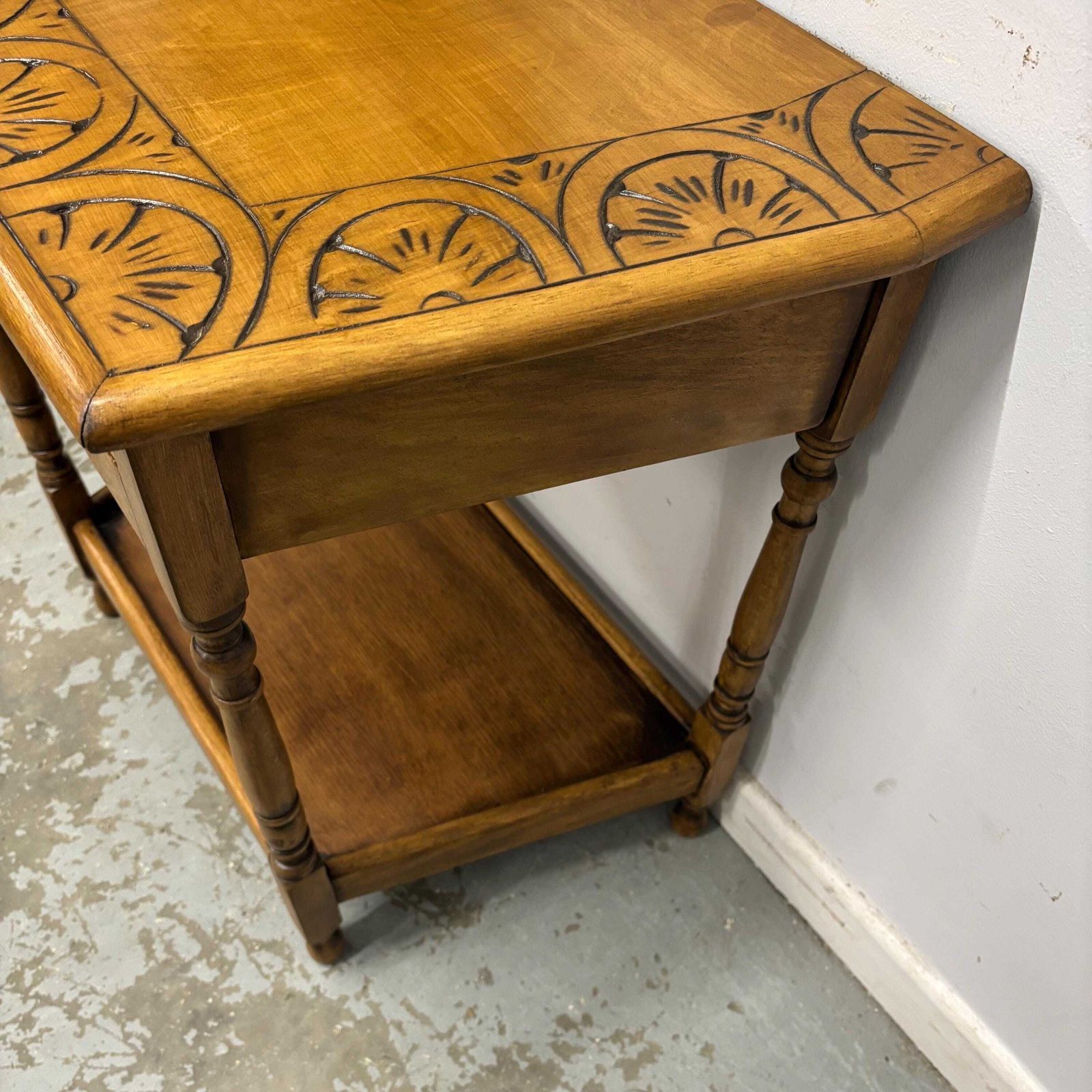 245.0 Vintage Carved Wooden Side Table With Lower Shelf – Hall Console / Lamp Table photo