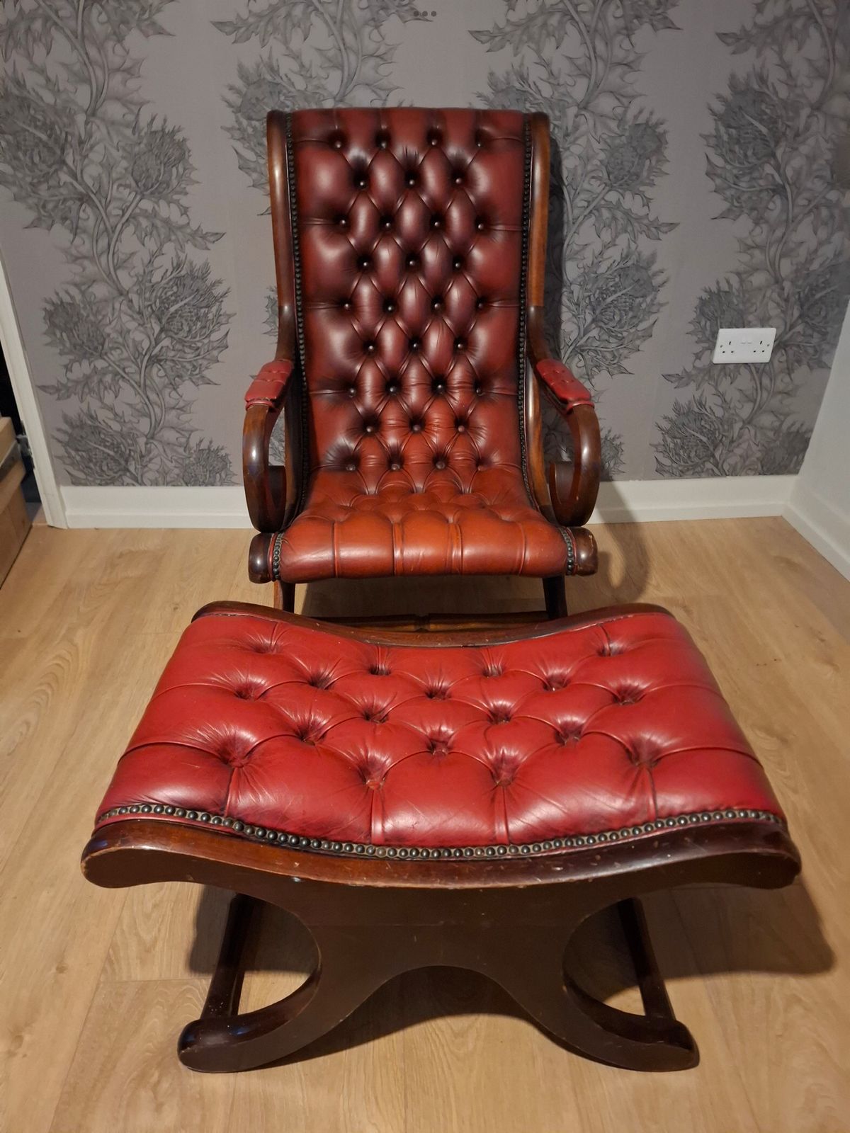 Vintage Chesterfield Oxblood  Leather Slipper Armchair And Footstool