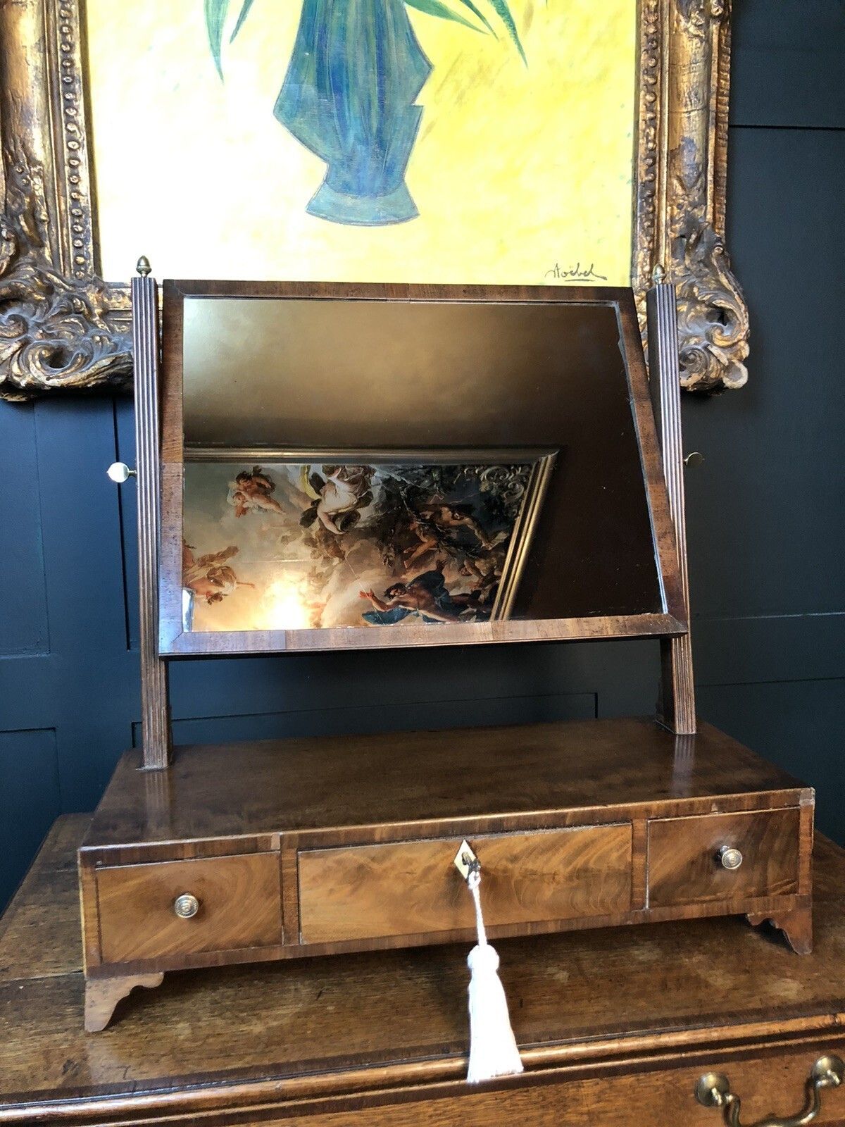 Antique Georgian Regency Period Mahogany Large Toilet Mirror With Drawer And Key photo vintage