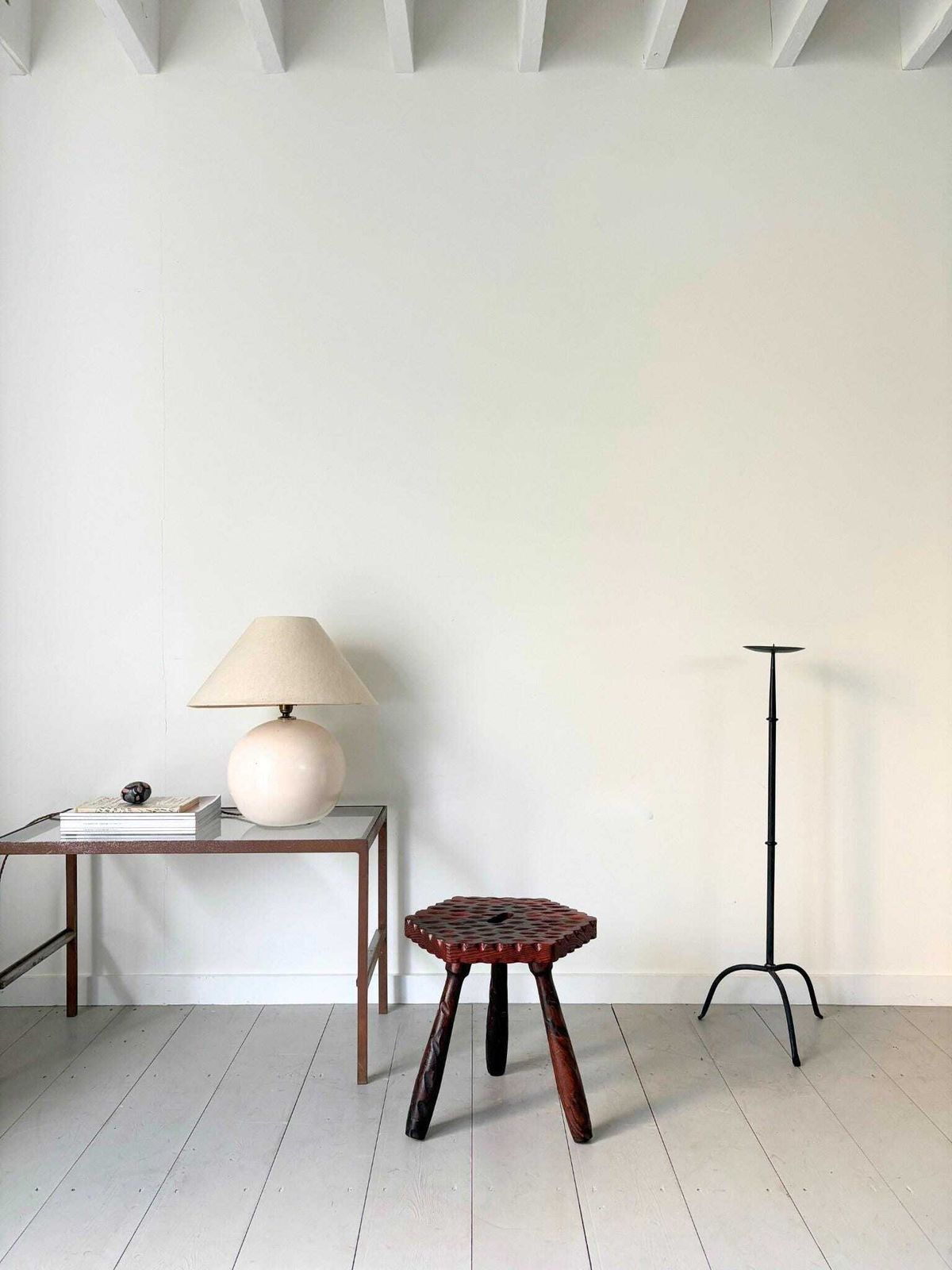 Brutalist Spanish Colonial Carved Stool Of Primitive Design Wooden Tripod Footstool Side Table Plant Stand photo for sale