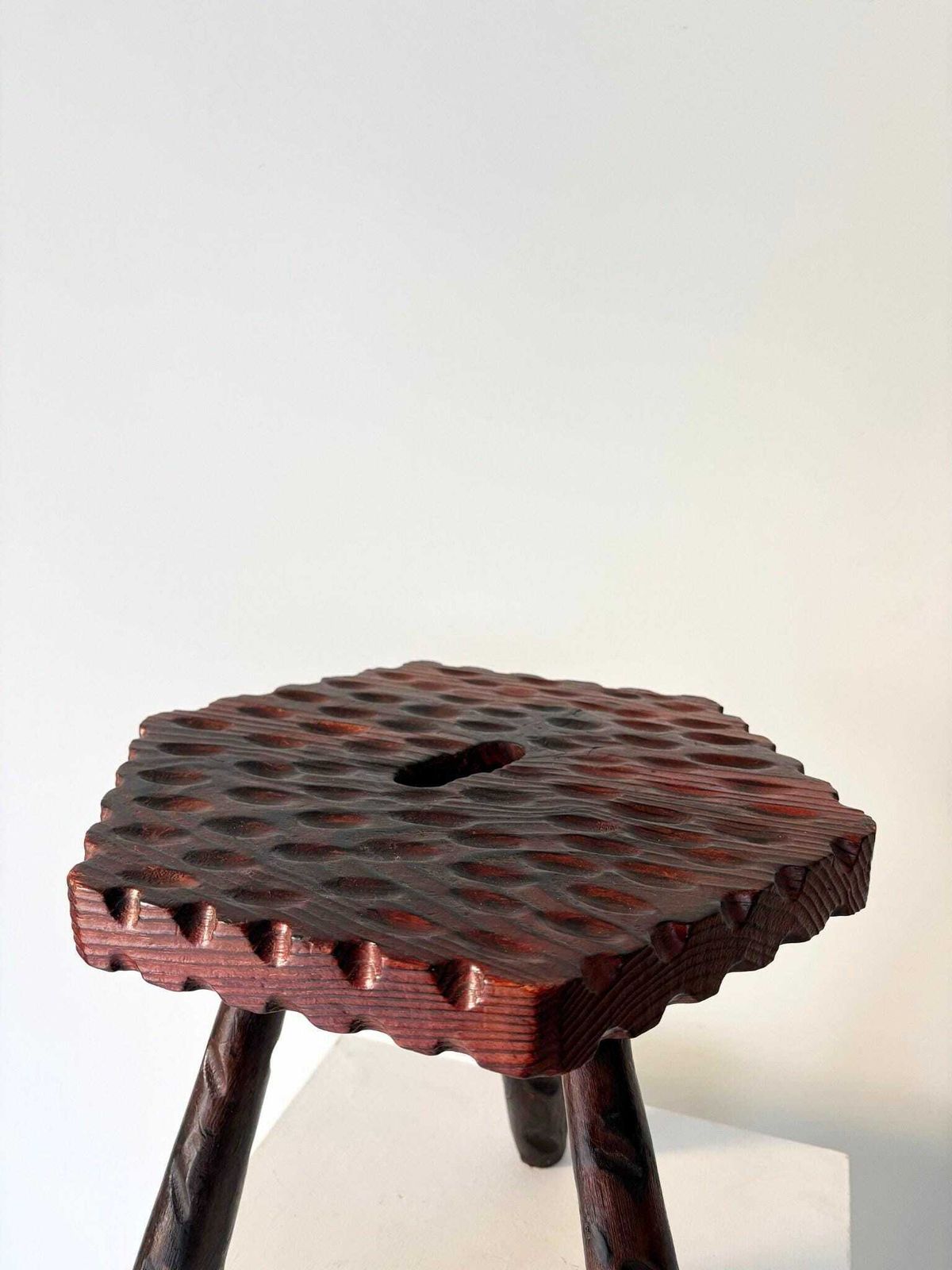 Brutalist Spanish Colonial Carved Stool Of Primitive Design Wooden Tripod Footstool Side Table Plant Stand photo 520.0