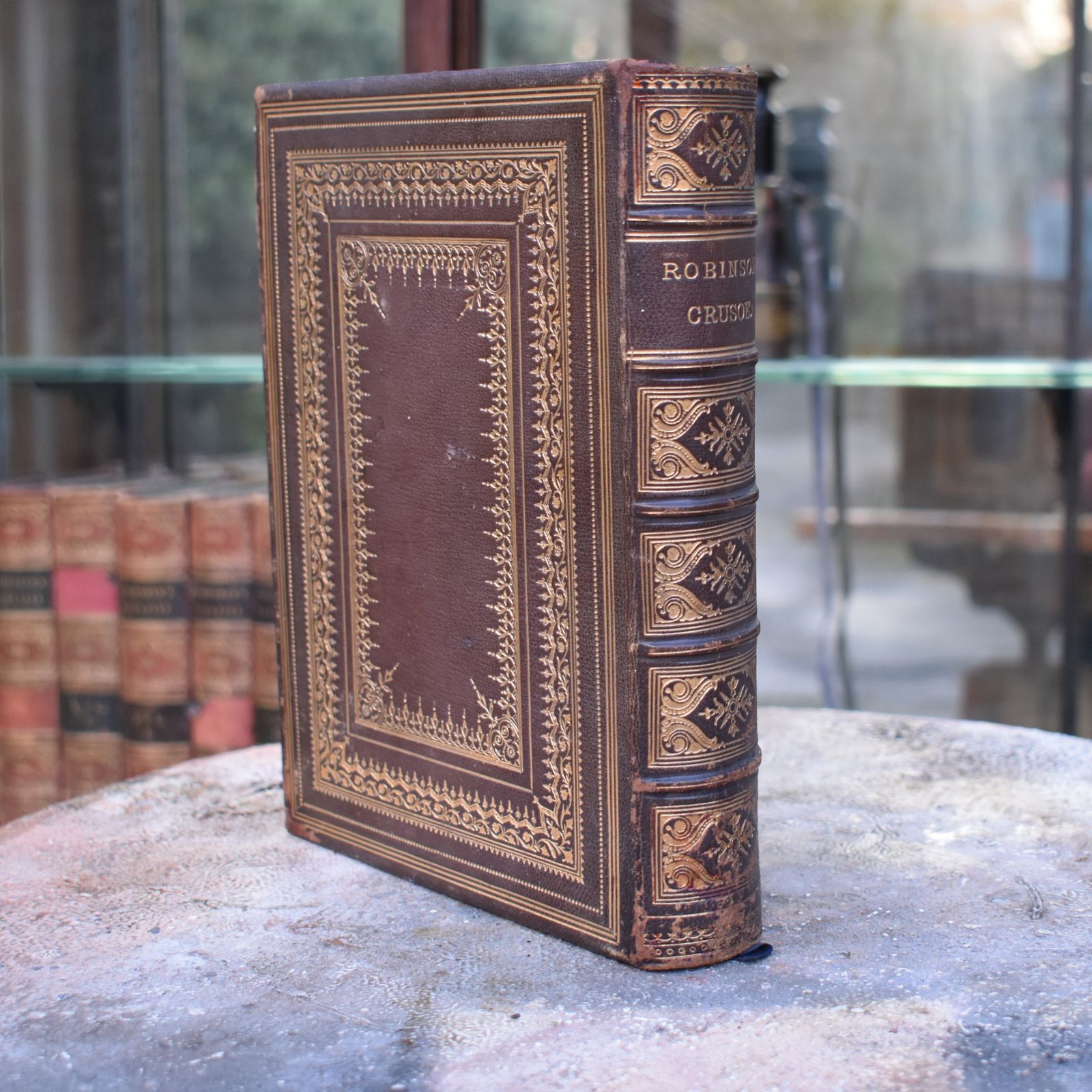 Antique 1864 Robinson Crusoe By Daniel Defoe Routledge London Fine Leather Book photo furniture