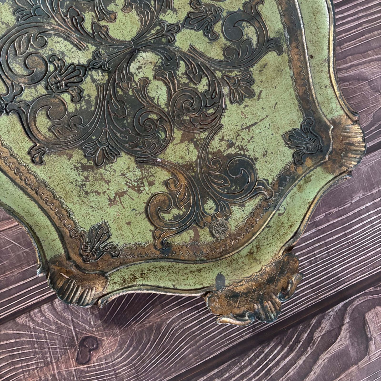 Large Distressed Green And Gold Florentine Tray photo vinterior