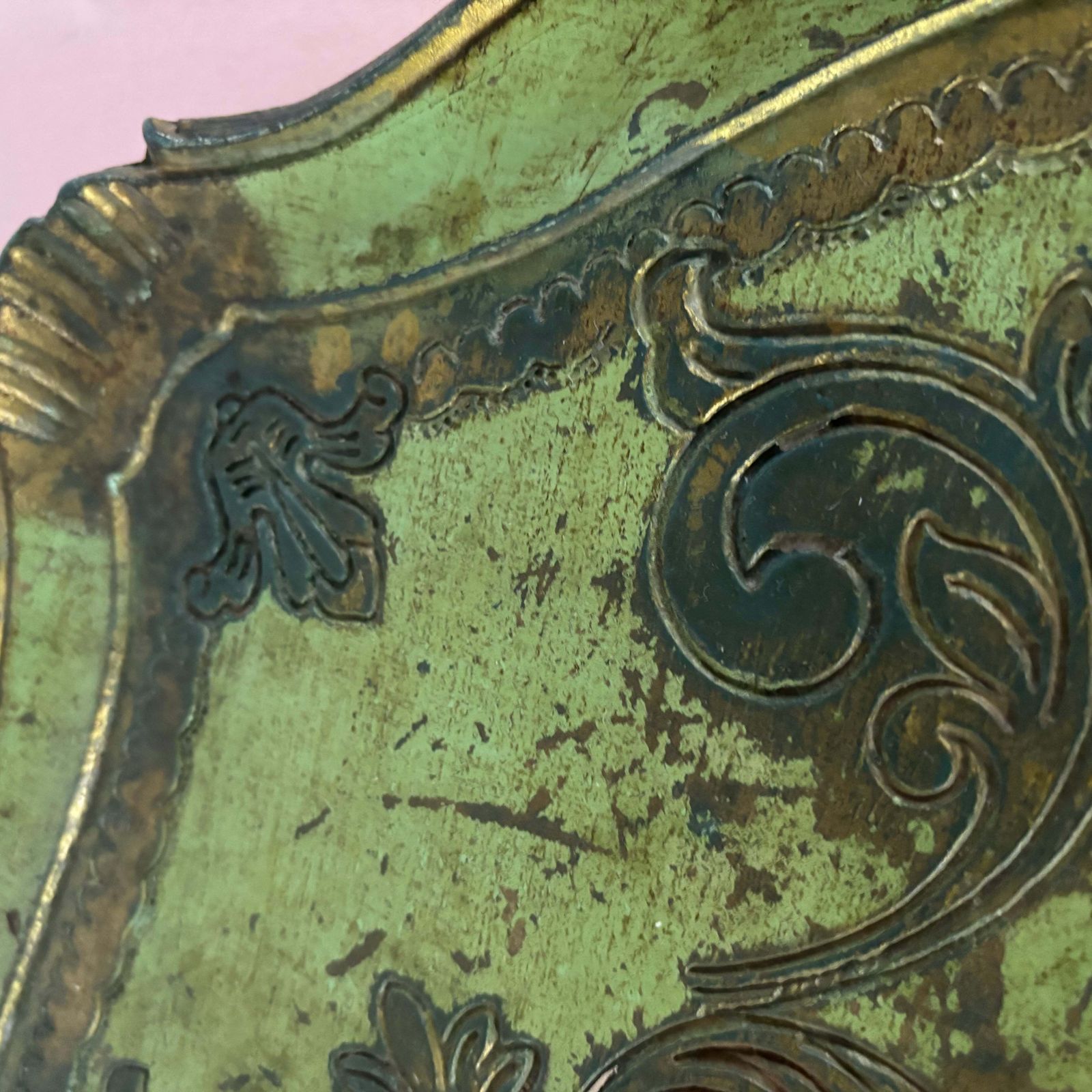 photo for sale Large Distressed Green And Gold Florentine Tray