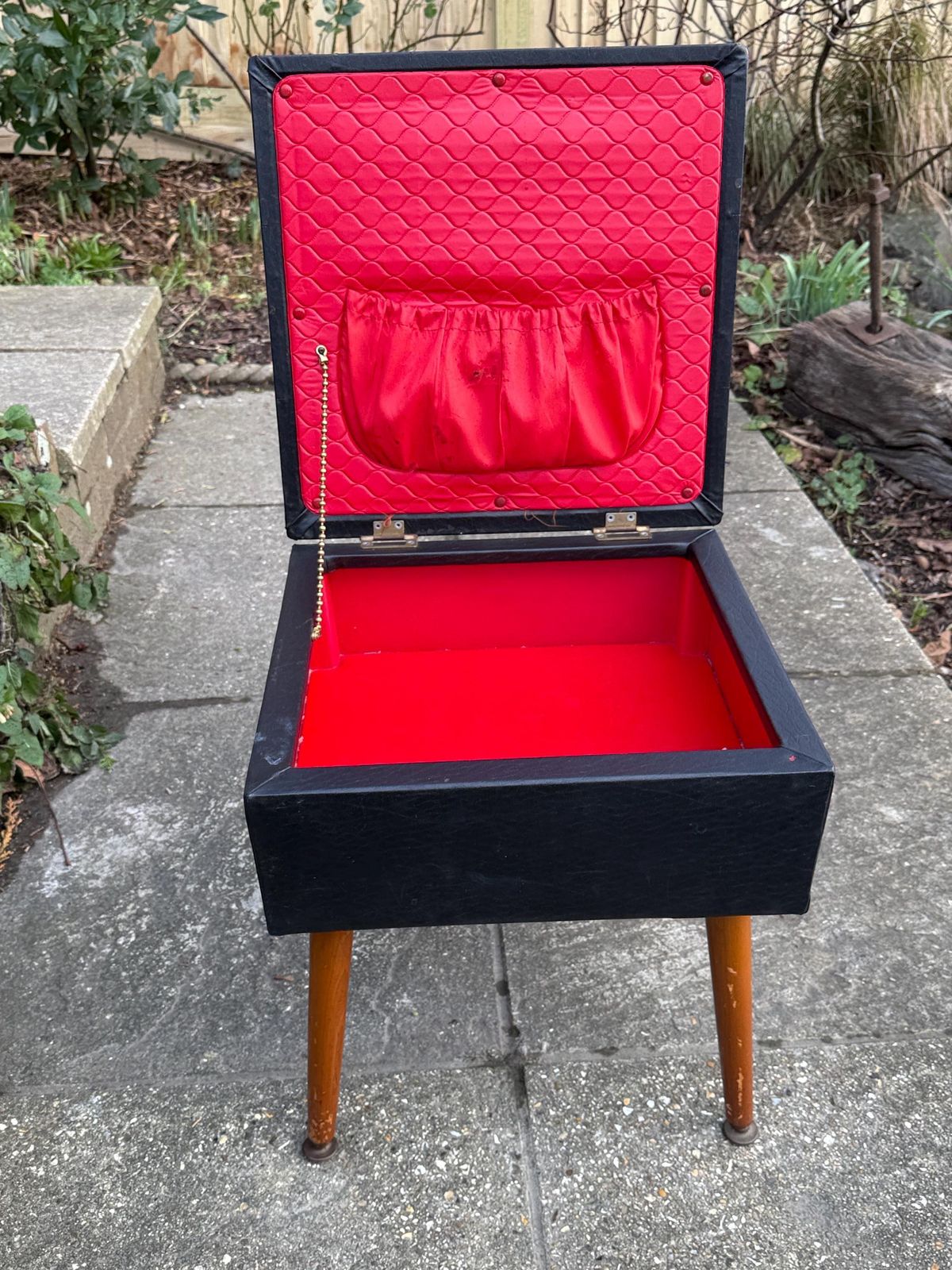 Vintage Mid Century Sherborne Footstool Storage Ottoman Vinyl Teak Legs Sewing Box photo 95.0