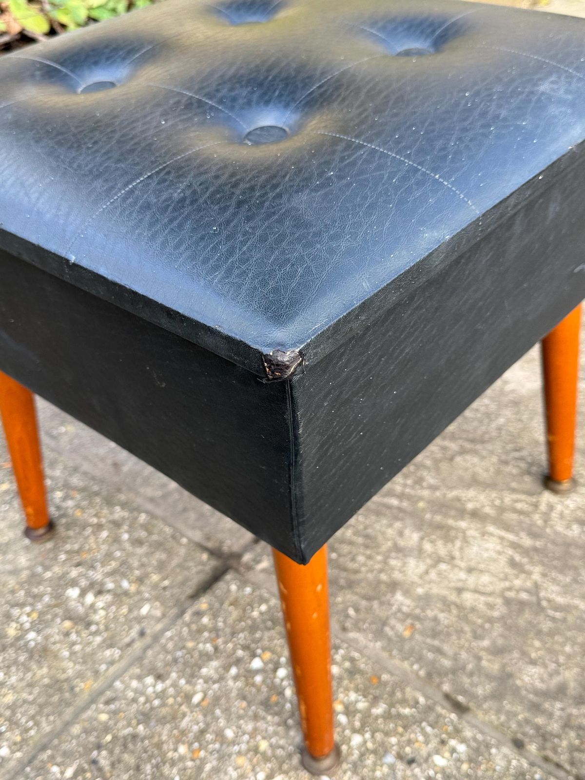 95.0 Vintage Mid Century Sherborne Footstool Storage Ottoman Vinyl Teak Legs Sewing Box photo
