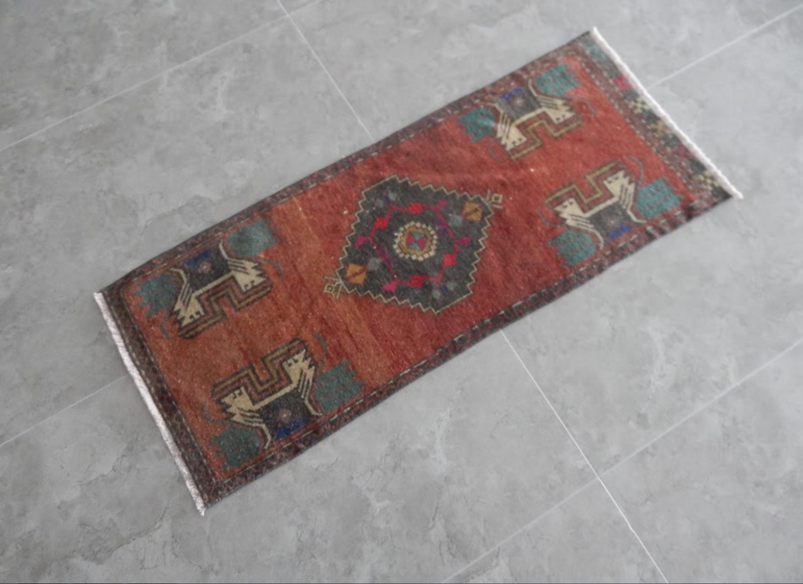 Kurdish Small Rug Distressed Low Pile Yastik Mat Faded Colors Rug 1′7″ × 3′11″ photo for sale