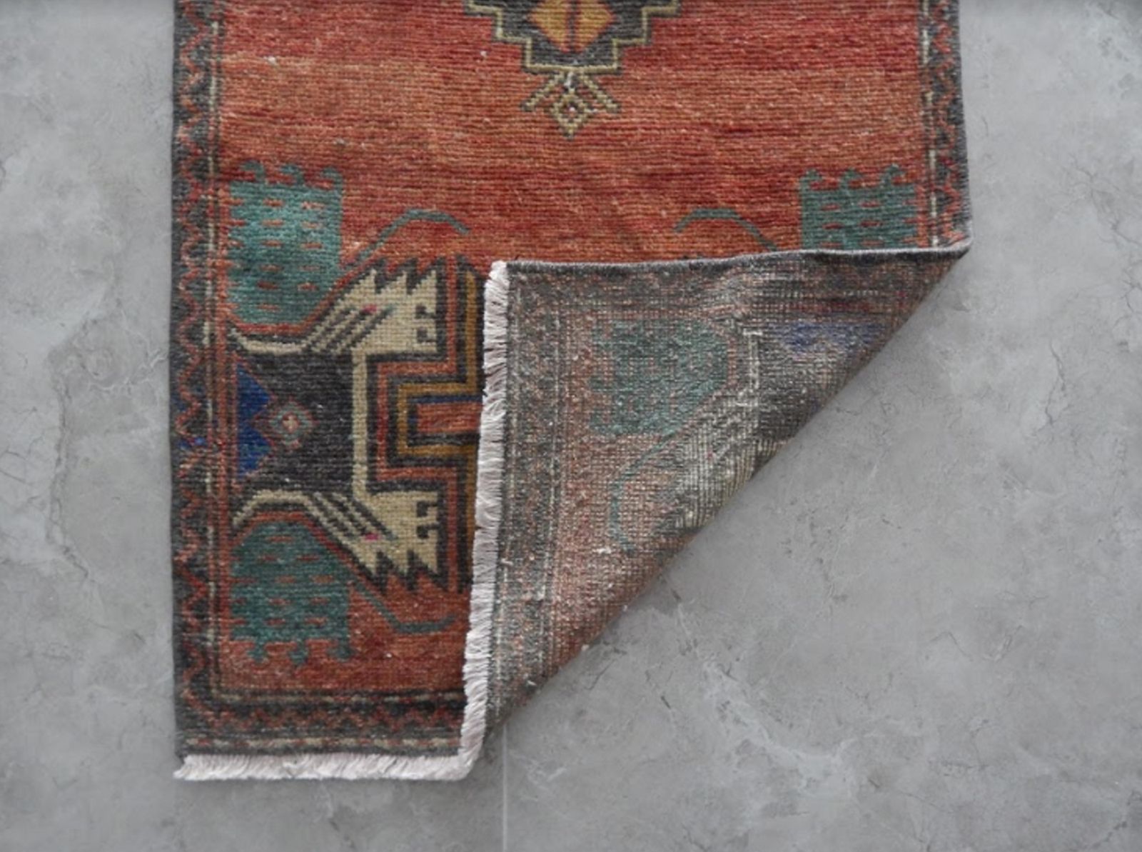 Kurdish Small Rug Distressed Low Pile Yastik Mat Faded Colors Rug 1′7″ × 3′11″ photo buy