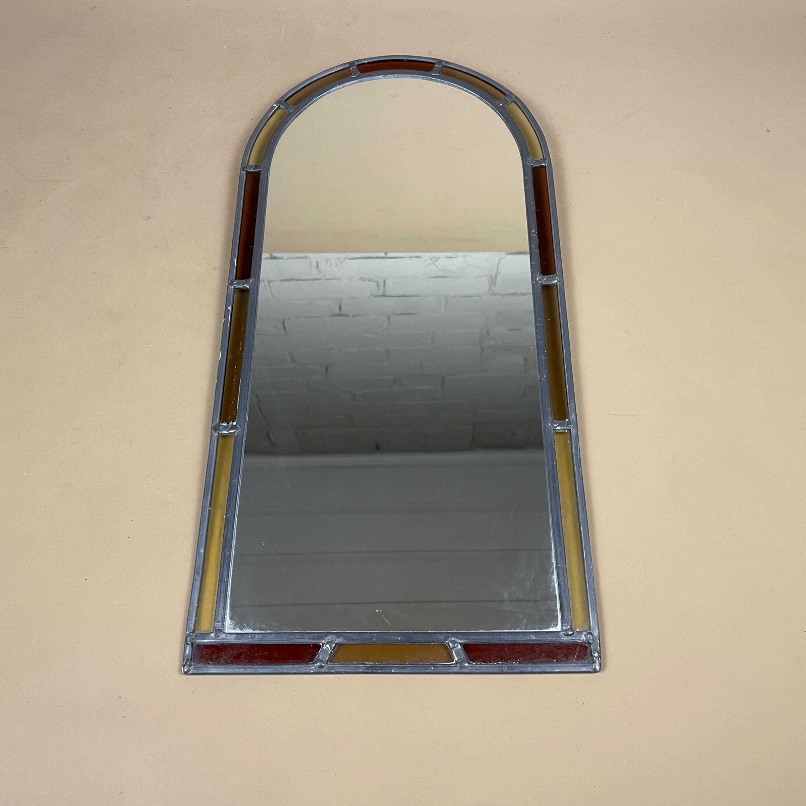 Vintage Tiffany Style Mirror Arched Yellow Red Border Retro 80's Hanging Wall Medium 48.5x23.5cm Glass Bedroom Hallway Arch Curved Portrait
