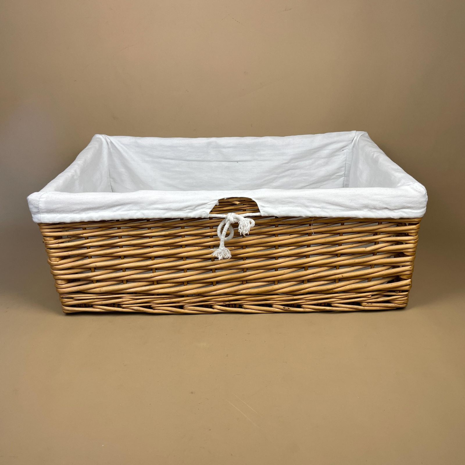 Rectangle Basket Woven Wicker Vintage Log Storage Wood White Fabric Lining Wooden Cottage Farmhouse Medium Logs Fireside Brown Sturdy photo furniture