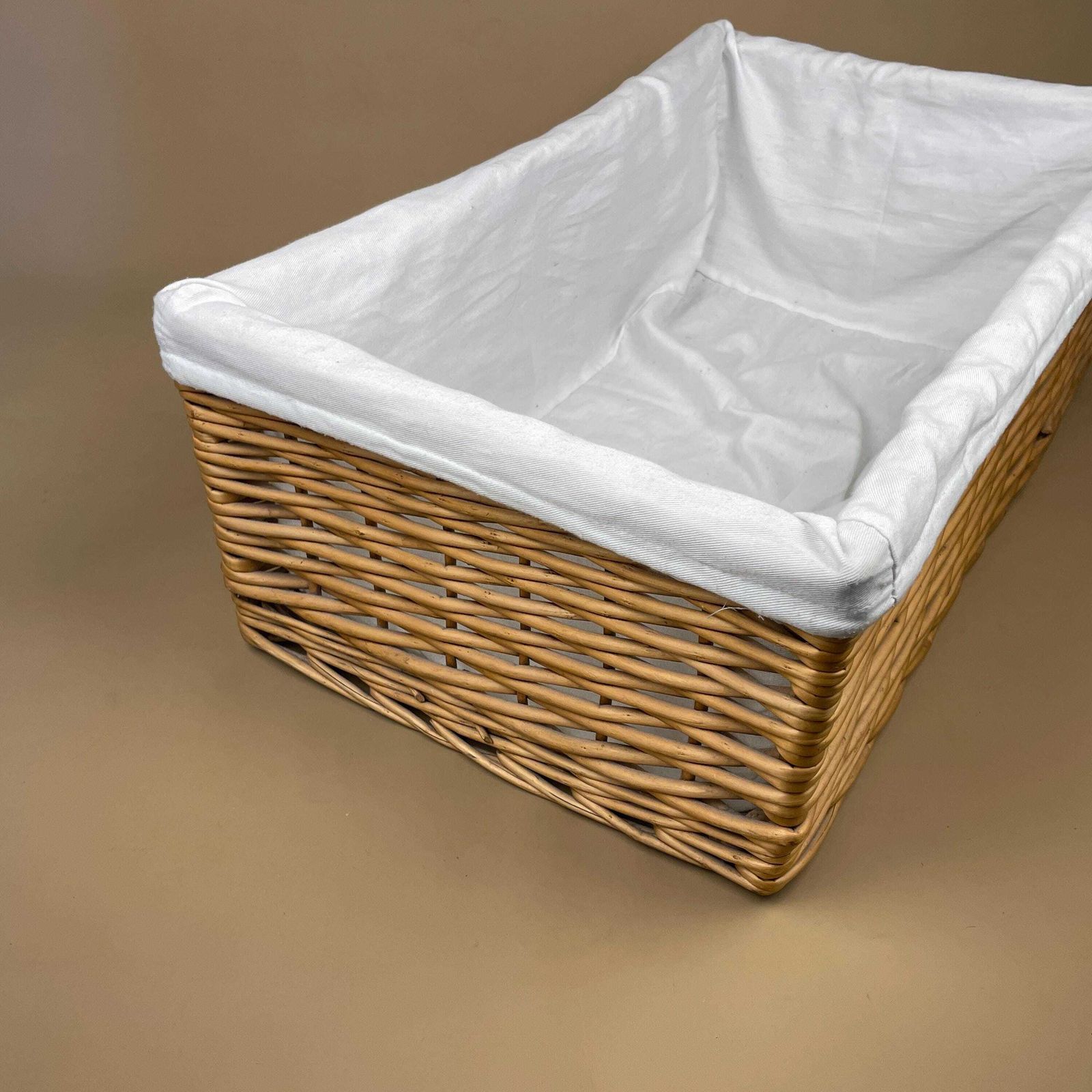 photo furniture Rectangle Basket Woven Wicker Vintage Log Storage Wood White Fabric Lining Wooden Cottage Farmhouse Medium Logs Fireside Brown Sturdy