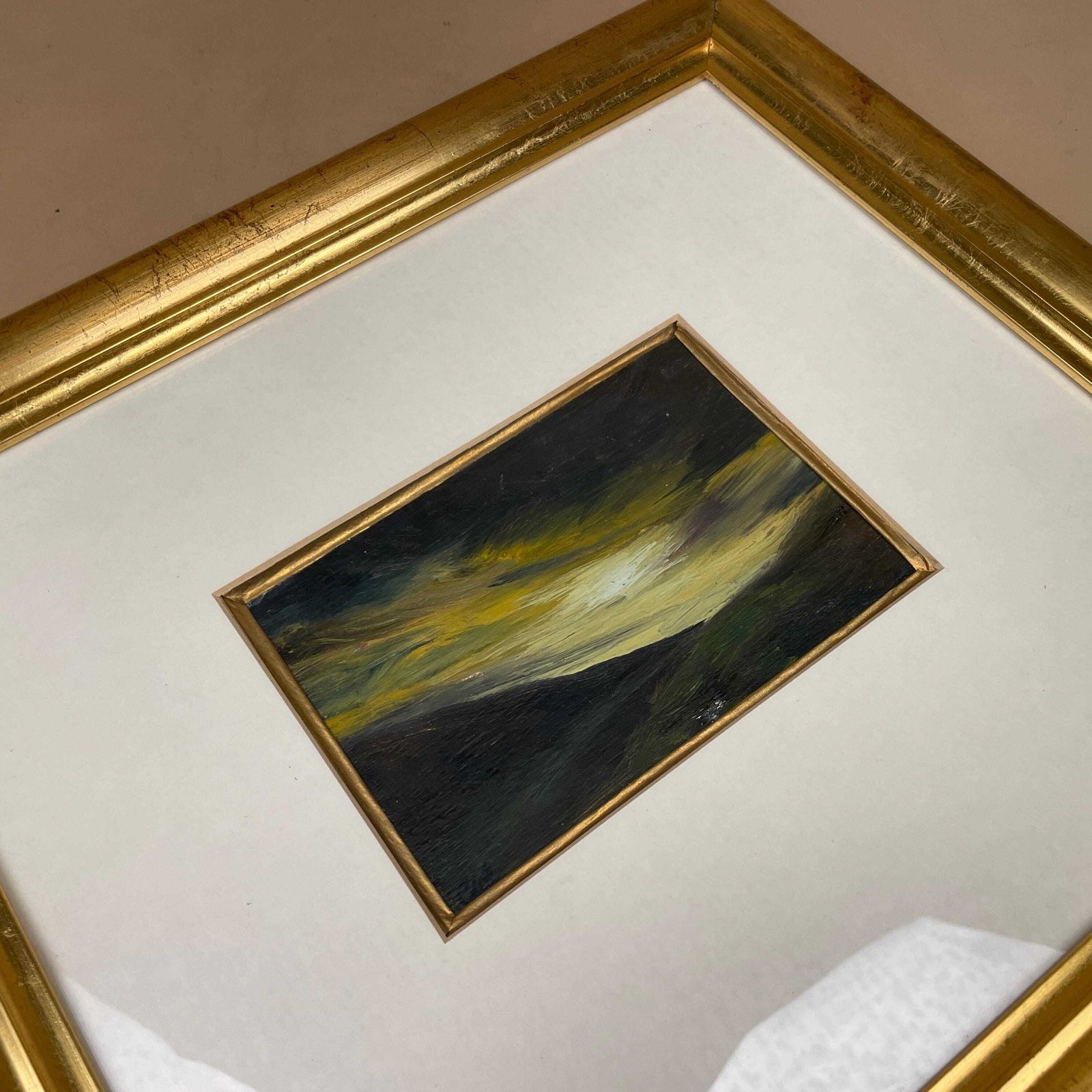 Framed Landscape Picture Art Oil Painting Modern Light & Shadow Gold Wood Frame Wall Artwork Wooden Rectangular Portrait Moody Dramatic photo for sale
