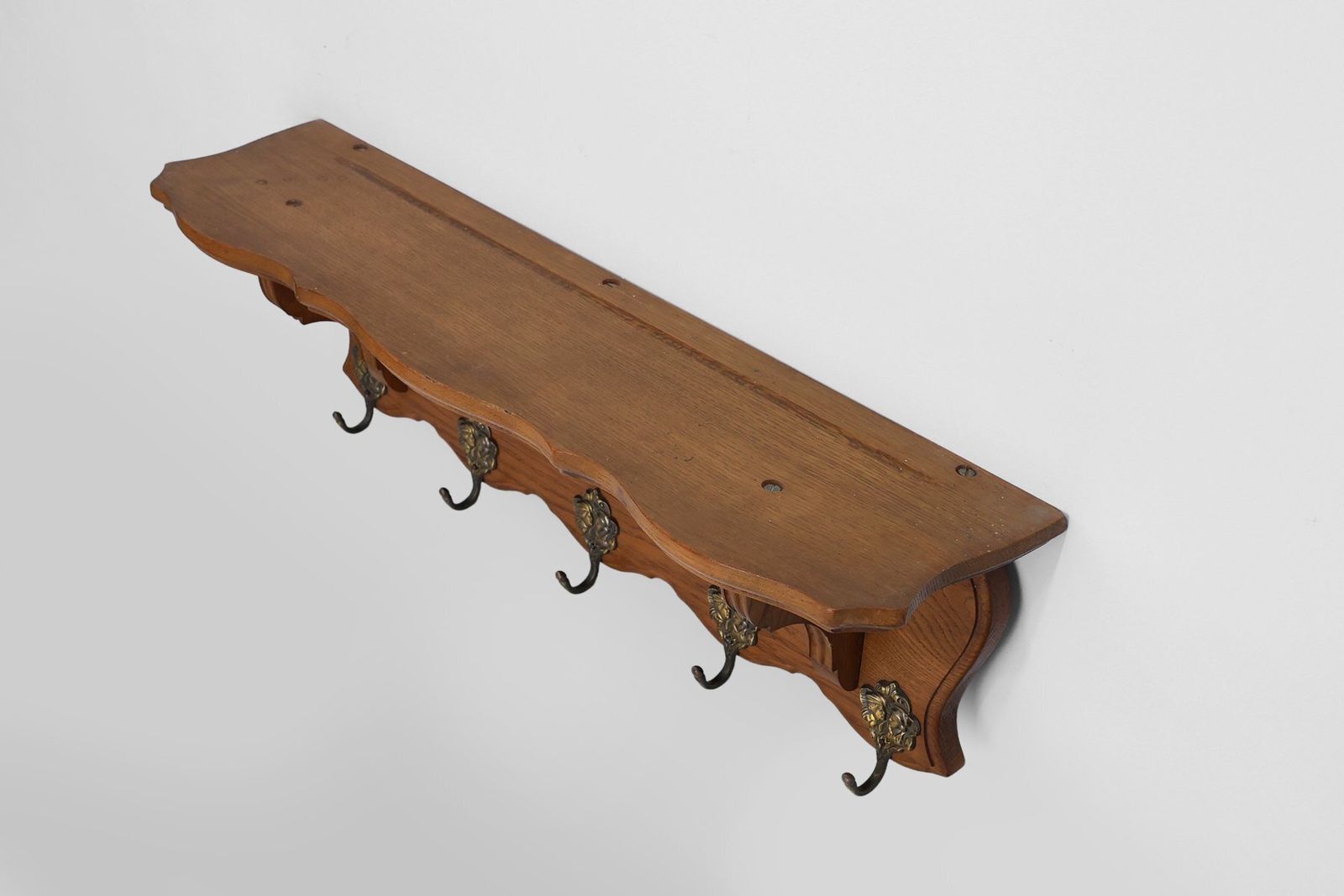 Mid Century Belgian Oak Wall Mounted Coat Rack In The Style Of Bruegel, 1950s photo vinterior