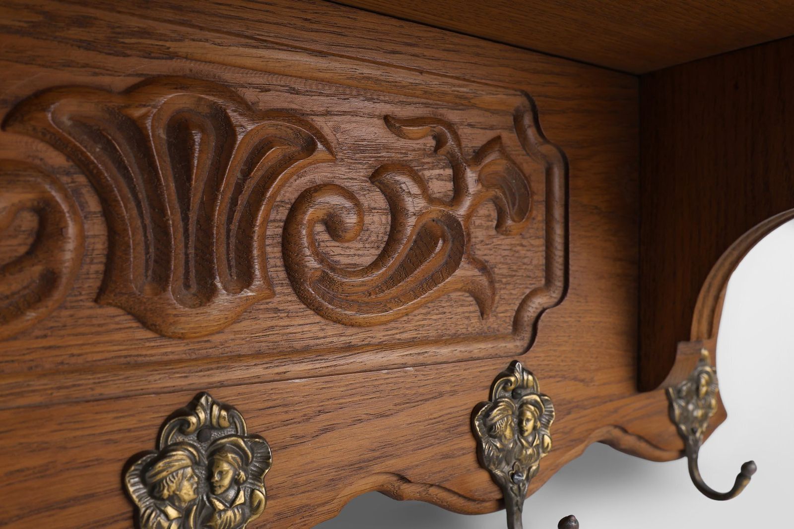 photo furniture Mid Century Belgian Oak Wall Mounted Coat Rack In The Style Of Bruegel, 1950s