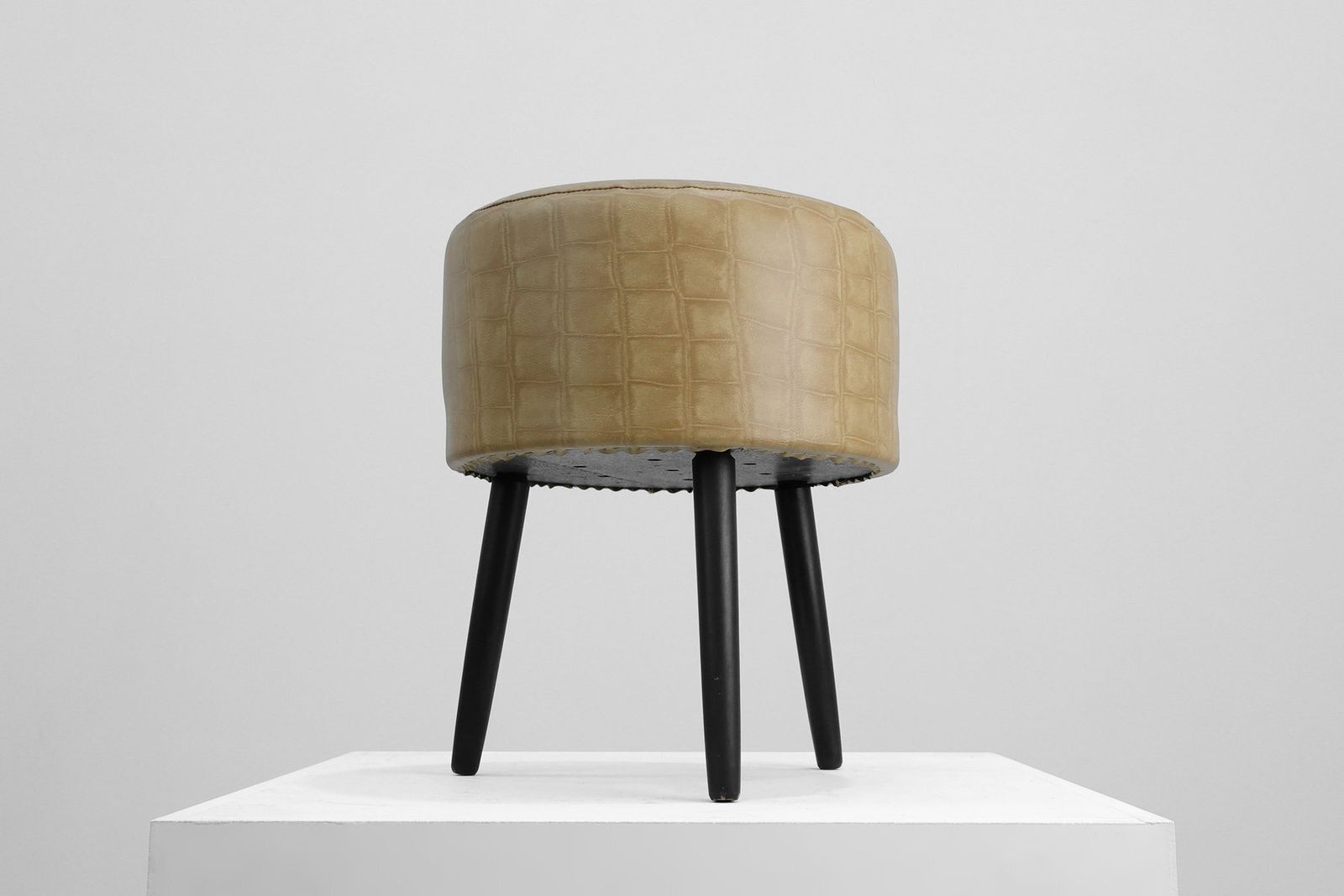 photo for sale Vintage French Stool In Faux Leather And Wood, 1960