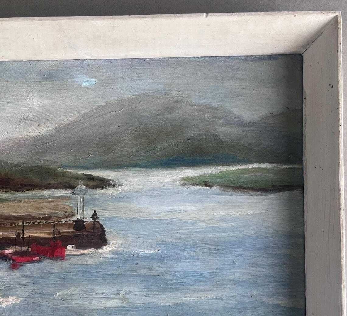 94.0 Vintage 1950s Coastal Oil Painting  Framed Harbour Landscape With Red Fishing Boat And Cottages  Midcentury Seaside Art photo