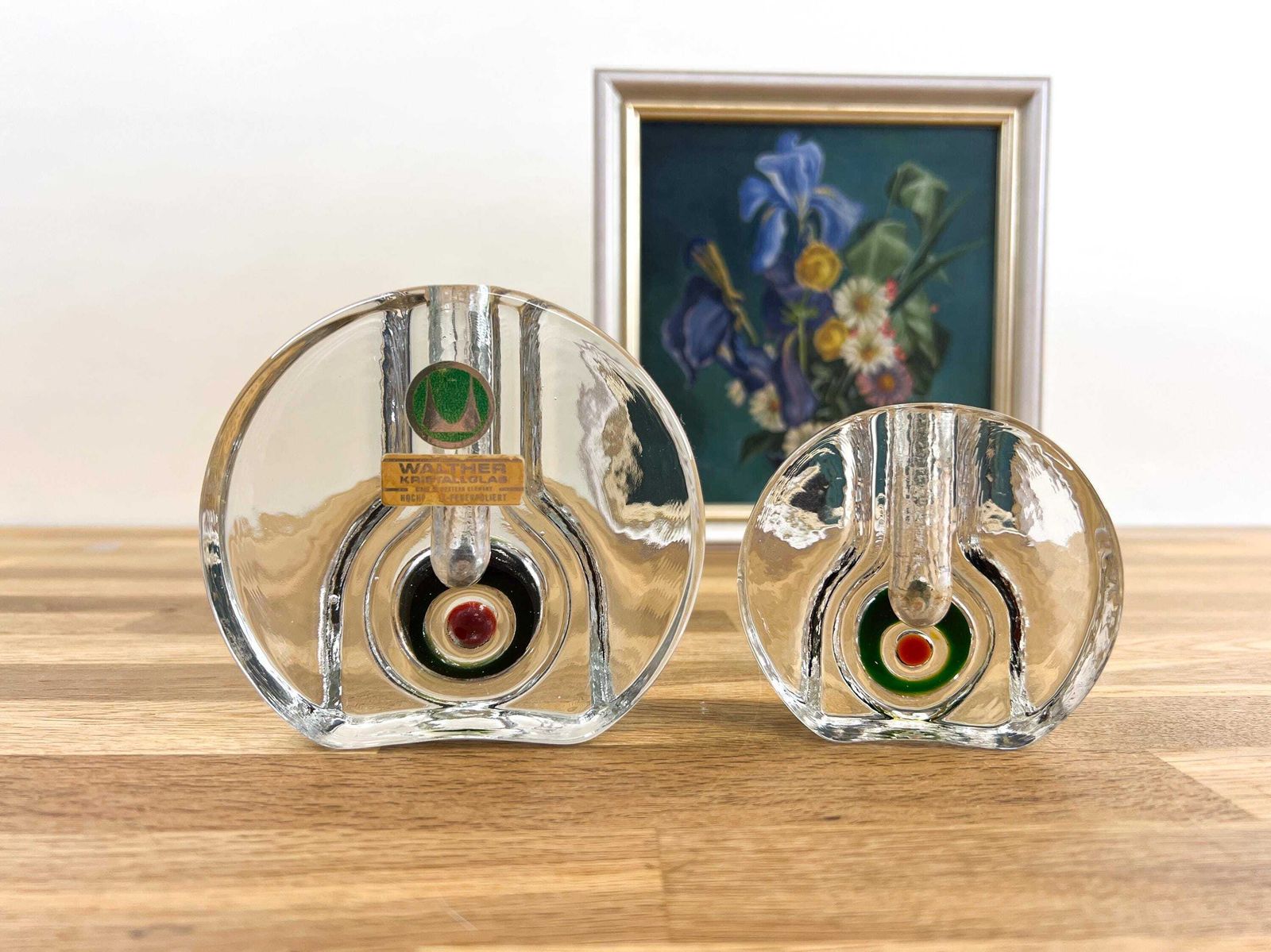 Walther Glass Wheel Vases: 1960s Solifleur Pair With Bullseye Motif