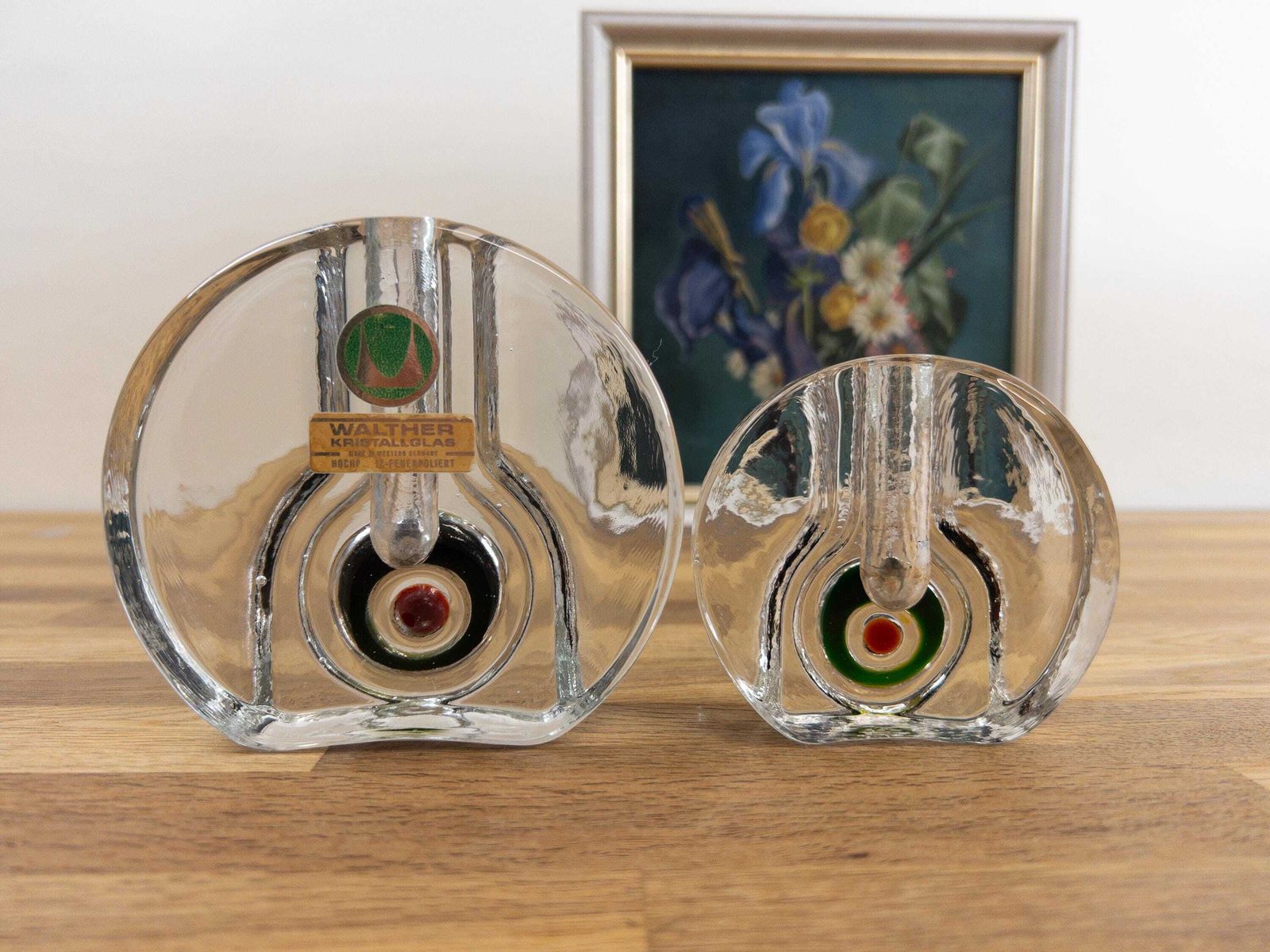 Walther Glass Wheel Vases: 1960s Solifleur Pair With Bullseye Motif photo for sale
