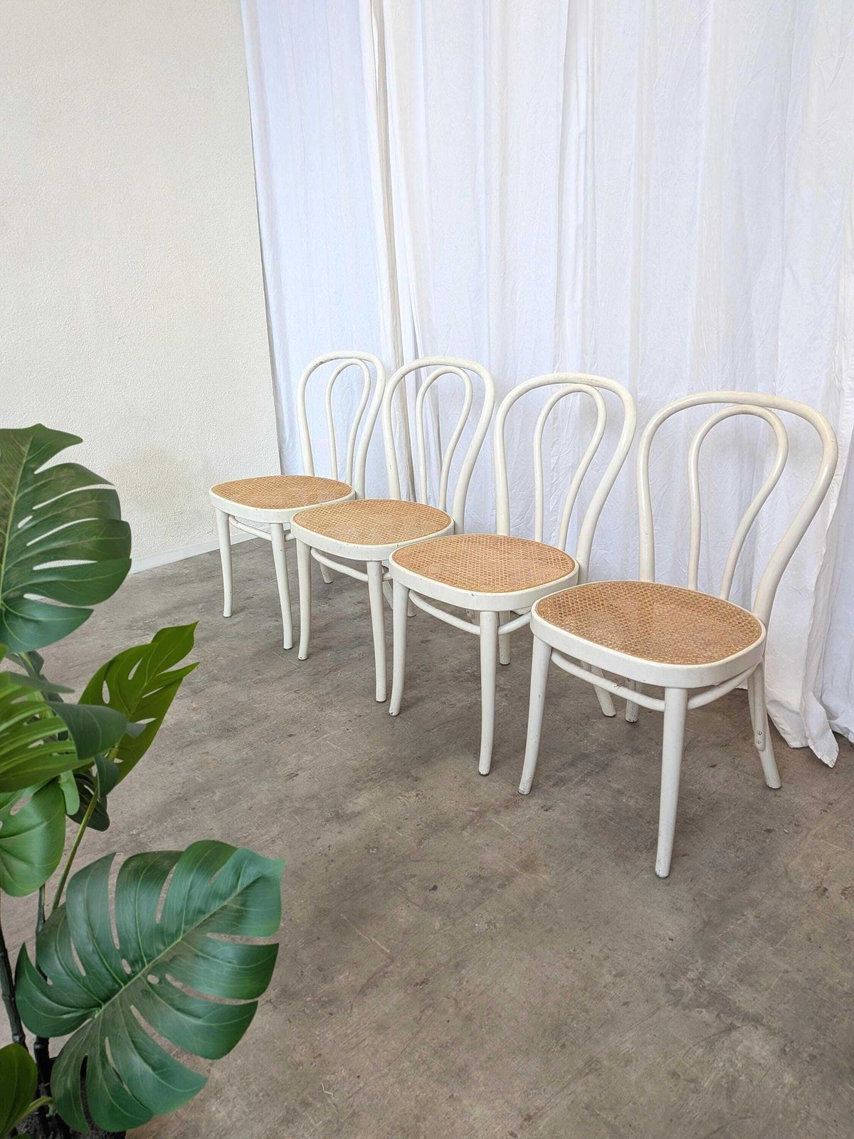 Set Of 4 Vintage Thonet Style Dining Chairs: White Wood & Cane Seat