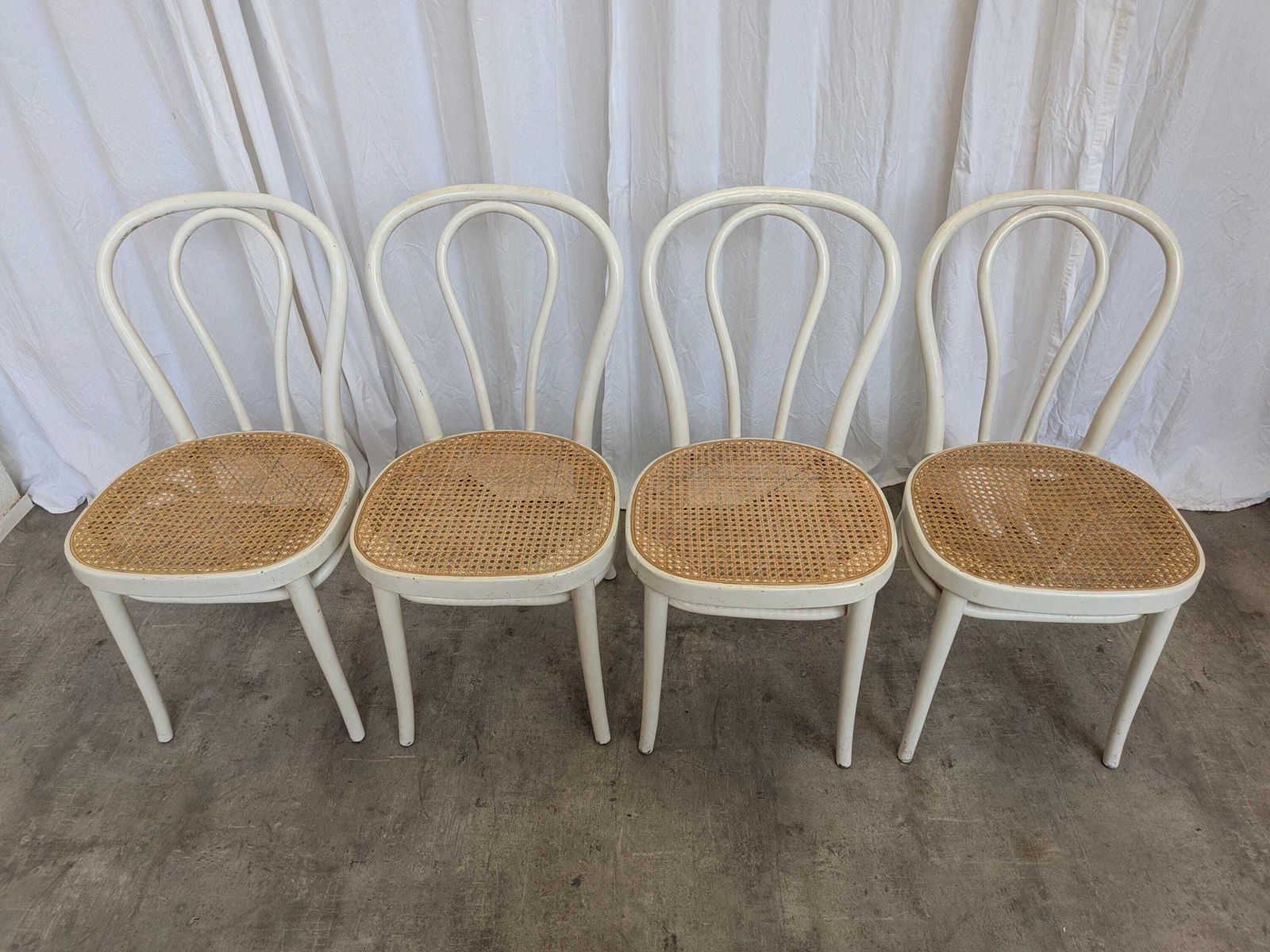 Set Of 4 Vintage Thonet Style Dining Chairs: White Wood & Cane Seat photo furniture
