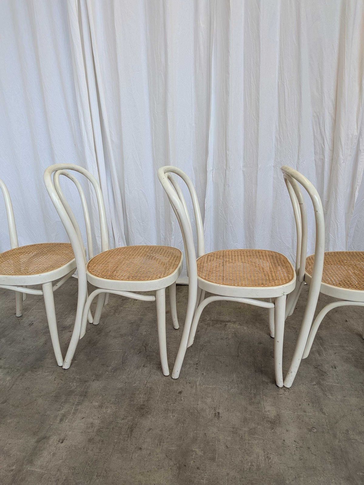 Set Of 4 Vintage Thonet Style Dining Chairs: White Wood & Cane Seat photo buy