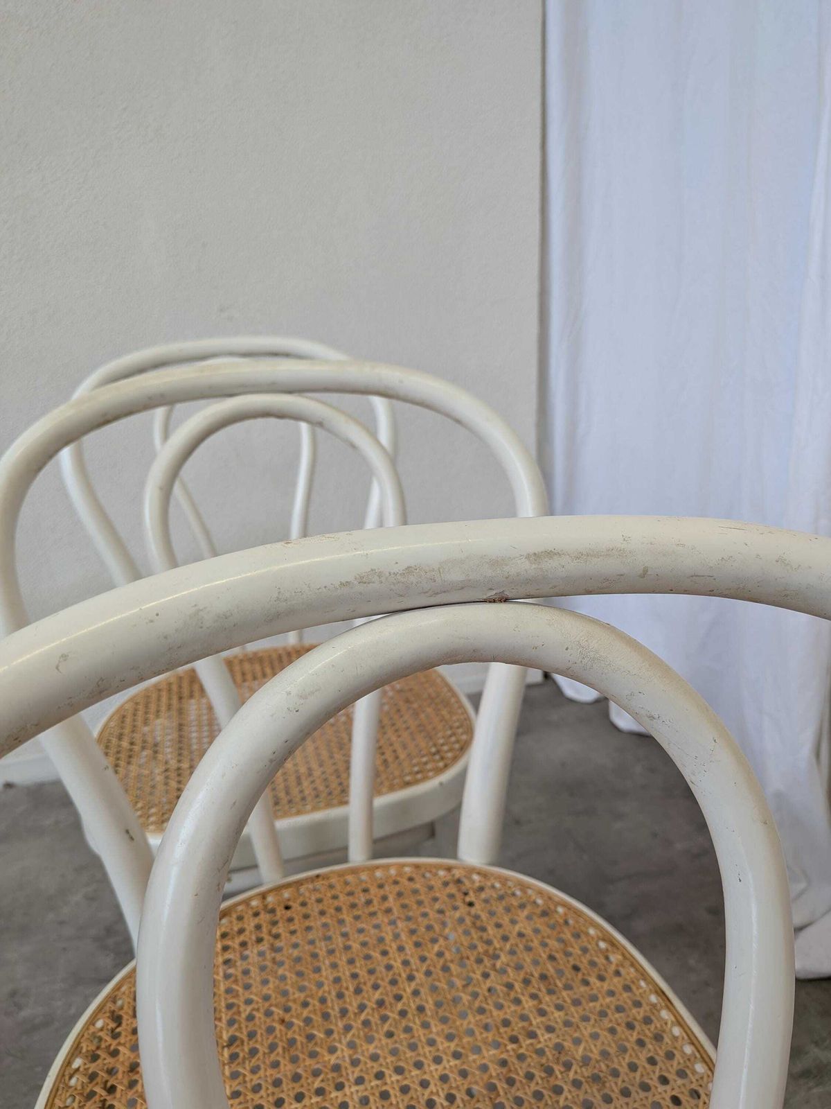 photo for sale Set Of 4 Vintage Thonet Style Dining Chairs: White Wood & Cane Seat